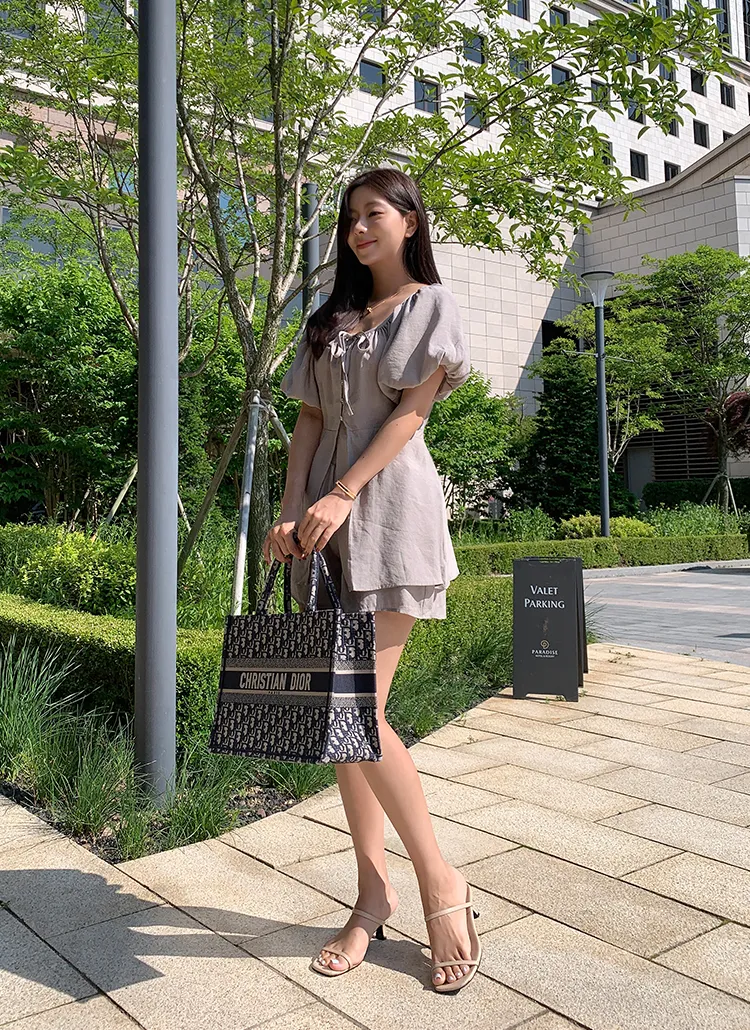 リボンバルーンスリットチュニックブラウス&ショートパンツSET 