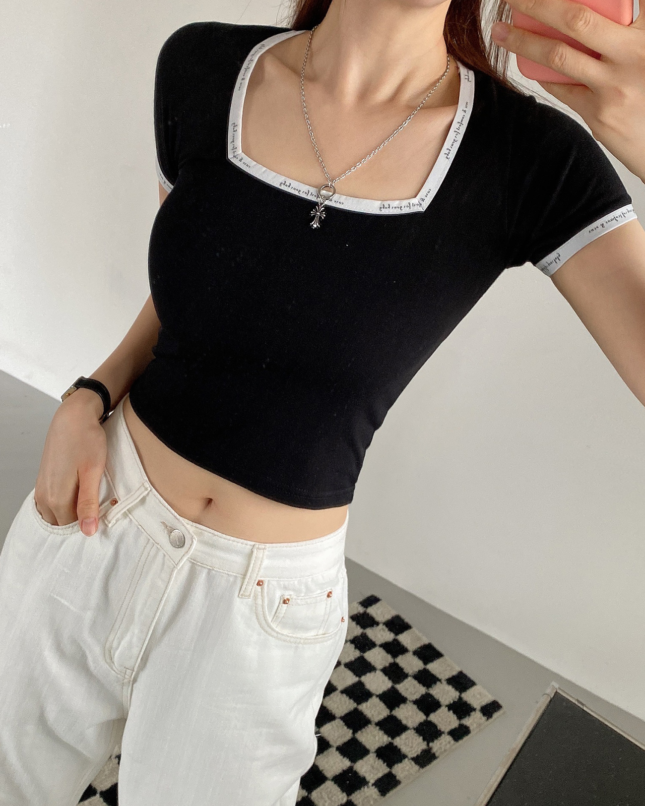 配色レタリングスクエアネッククロップド半袖Tシャツ | 詳細画像2