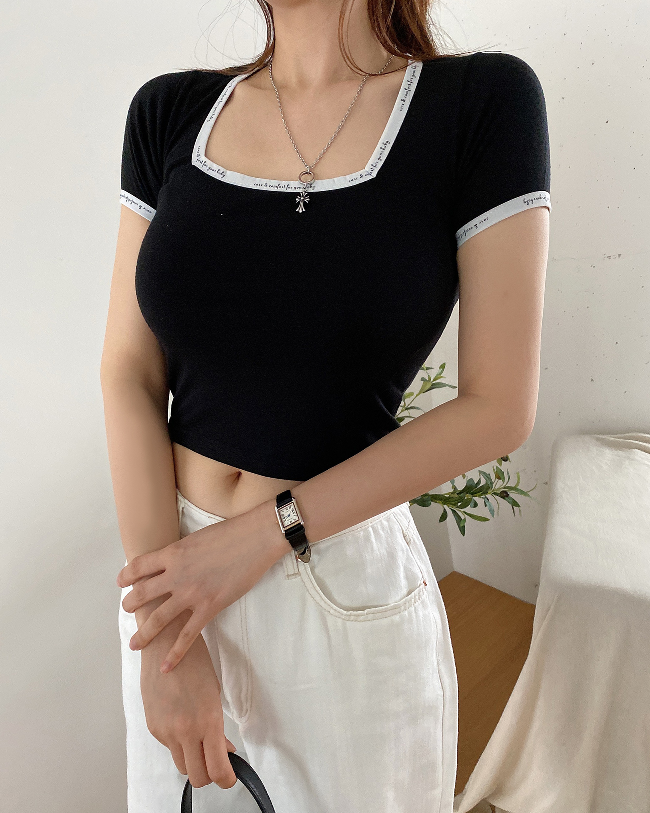 配色レタリングスクエアネッククロップド半袖Tシャツ | 詳細画像3