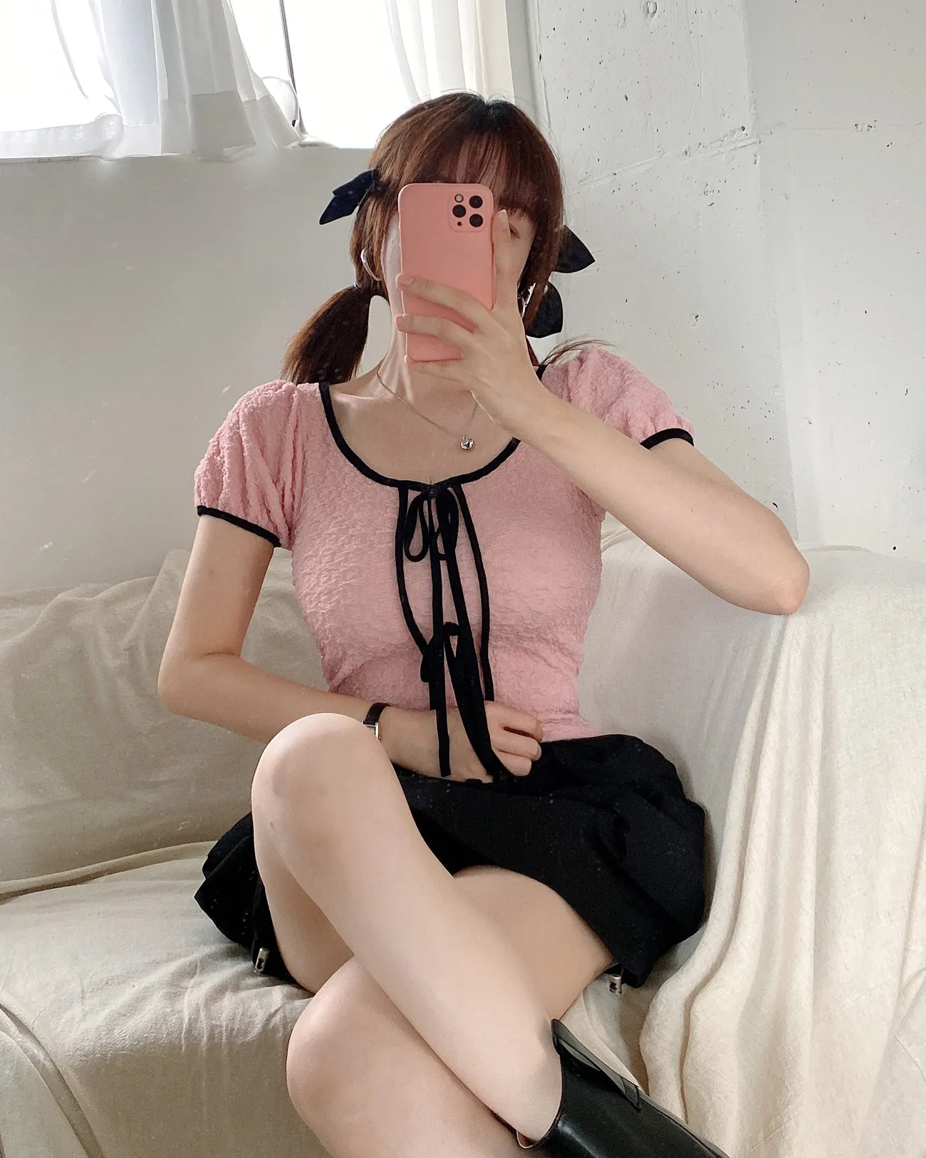 エンボスパフ半袖配色リボンTシャツ | 詳細画像1