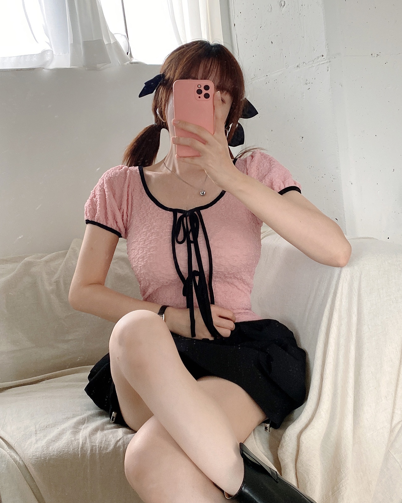 エンボスパフ半袖配色リボンTシャツ | 詳細画像2