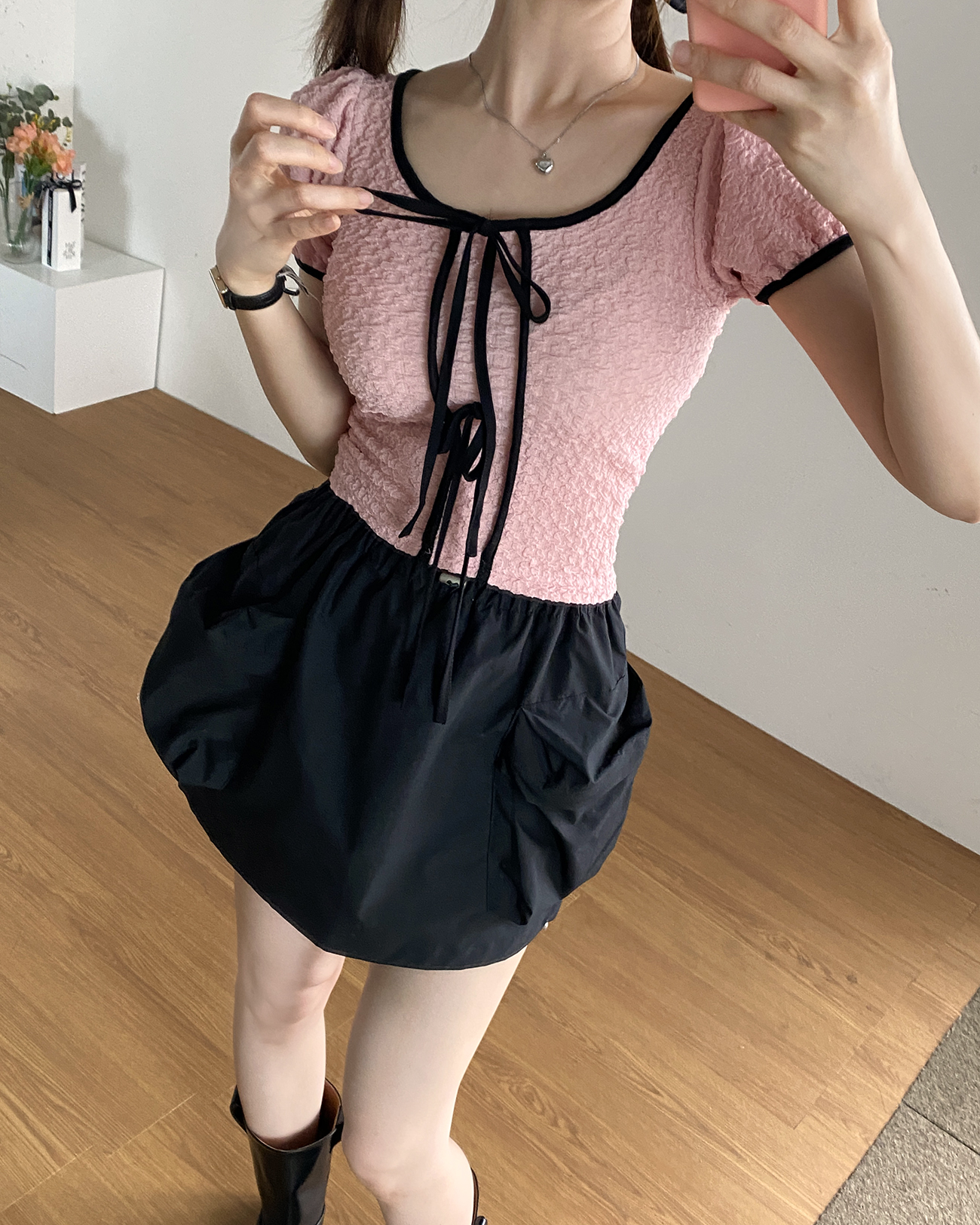 エンボスパフ半袖配色リボンTシャツ | 詳細画像5