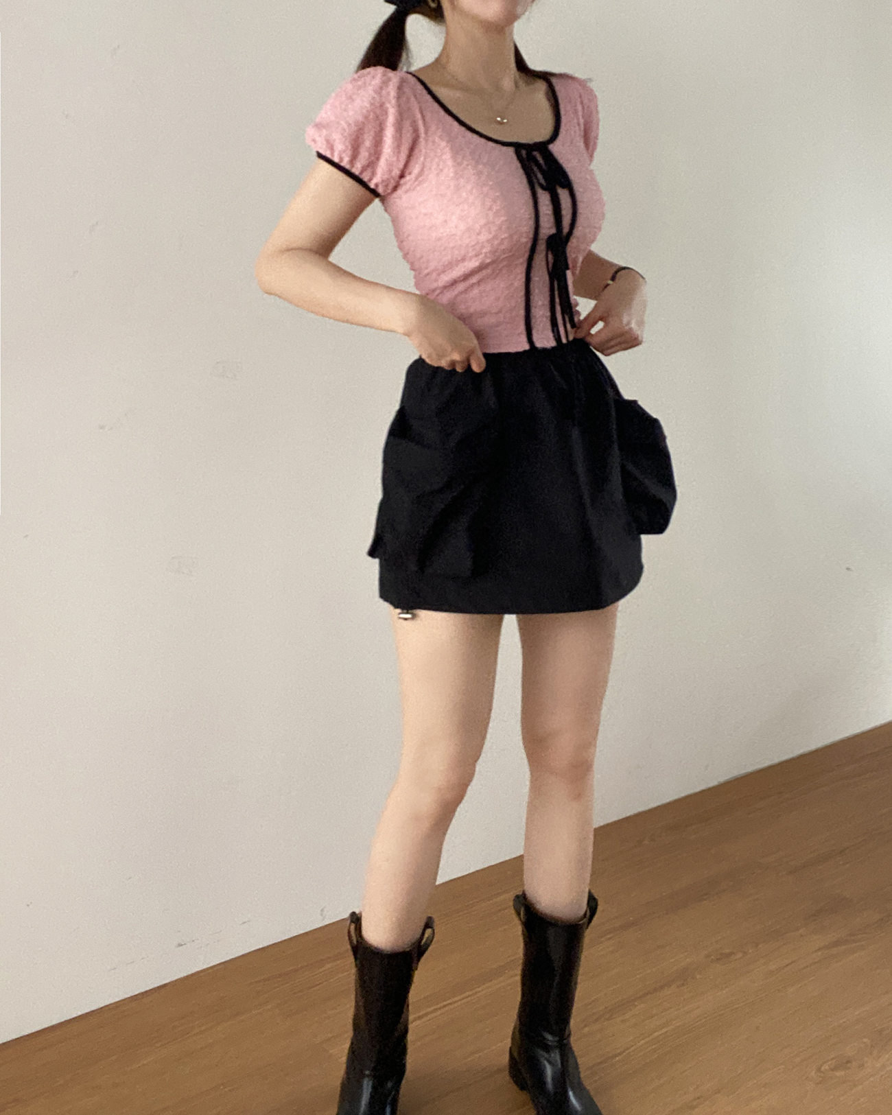 エンボスパフ半袖配色リボンTシャツ | 詳細画像7
