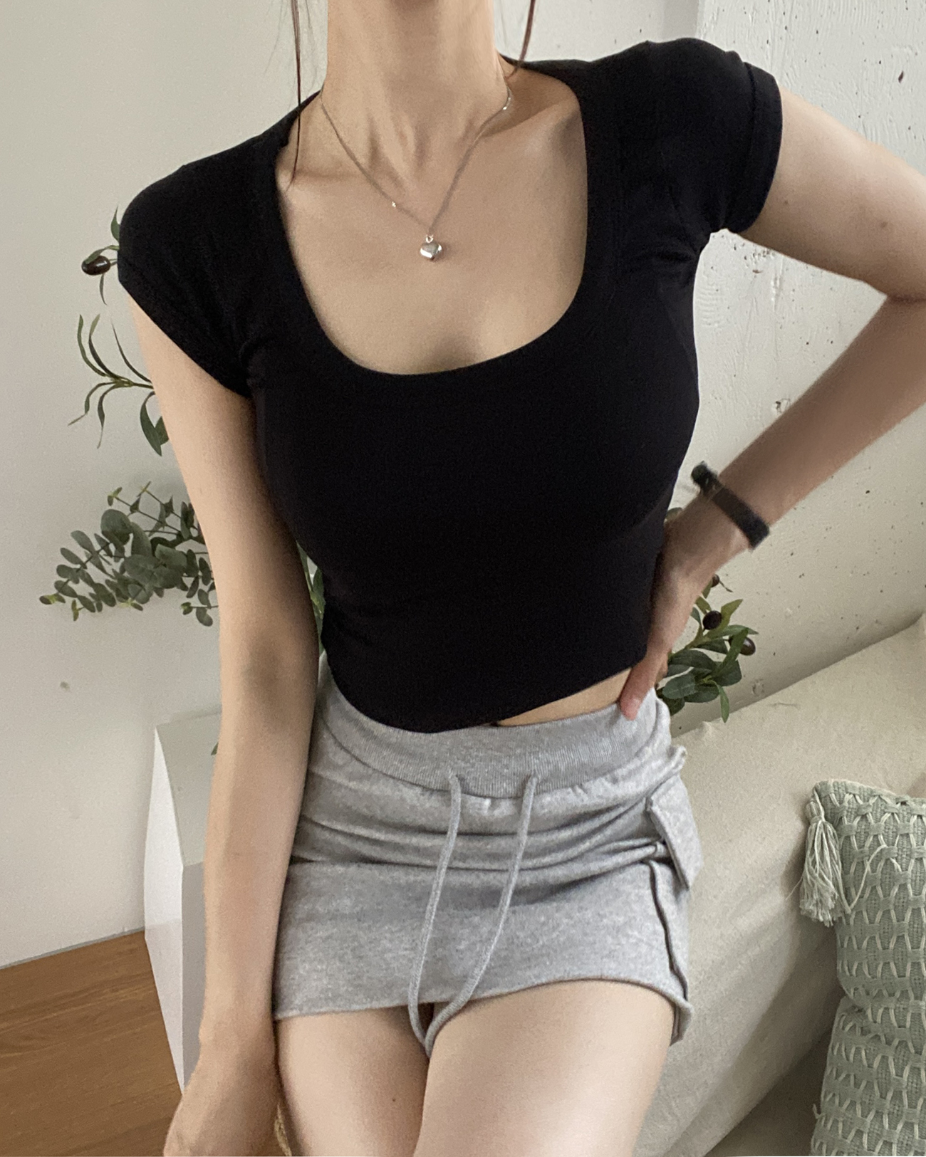 UネックスリムキャップスリーブTシャツ | 詳細画像5