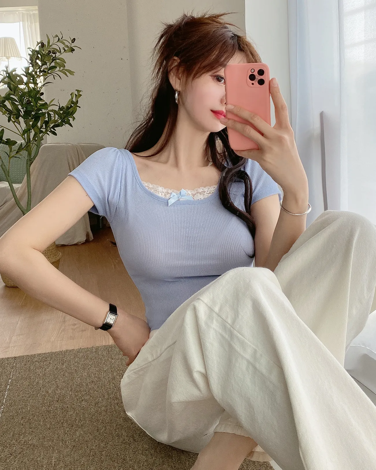 リボンレースUネックパフ半袖リブTシャツ | 詳細画像1