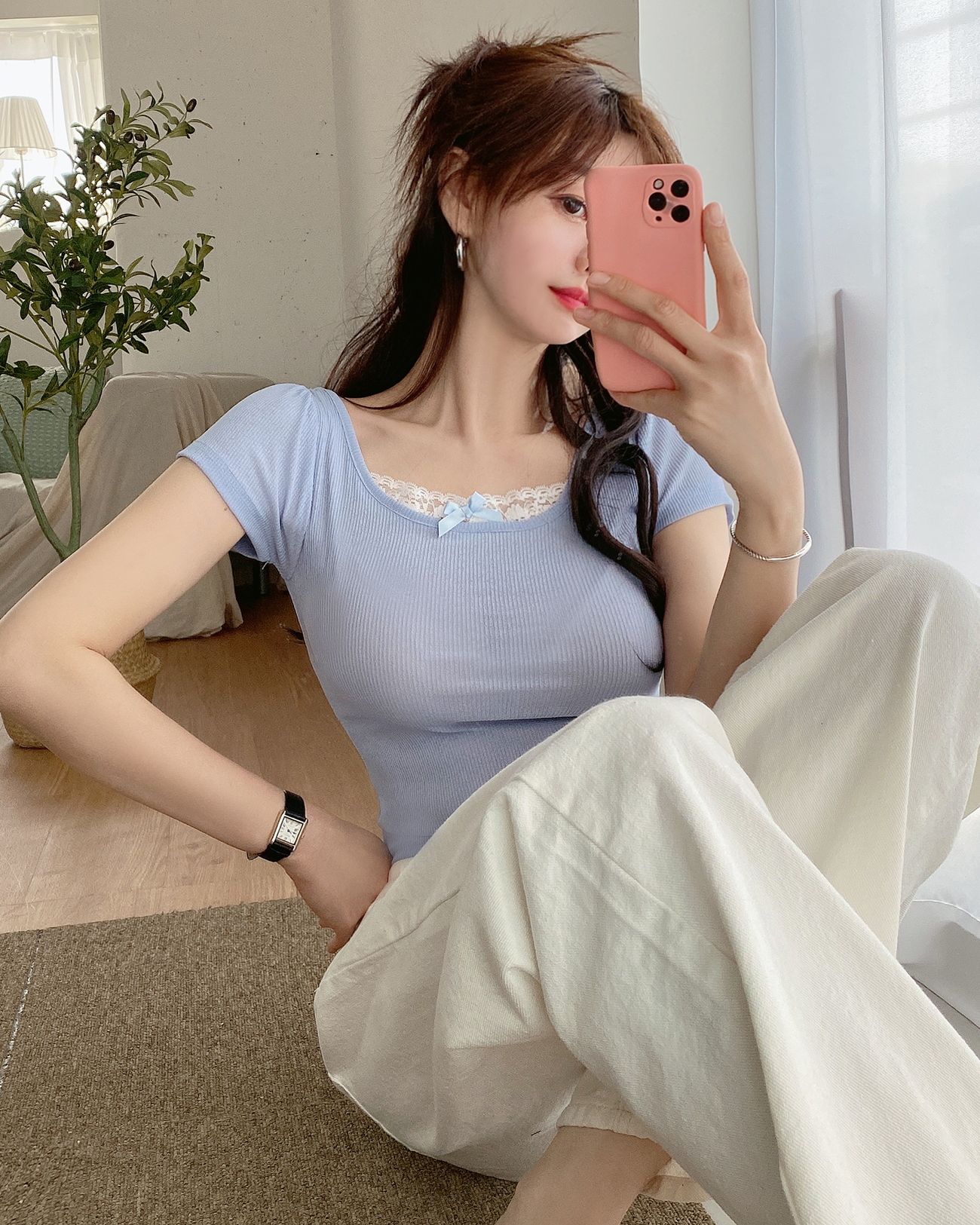 リボンレースUネックパフ半袖リブTシャツ | 詳細画像2