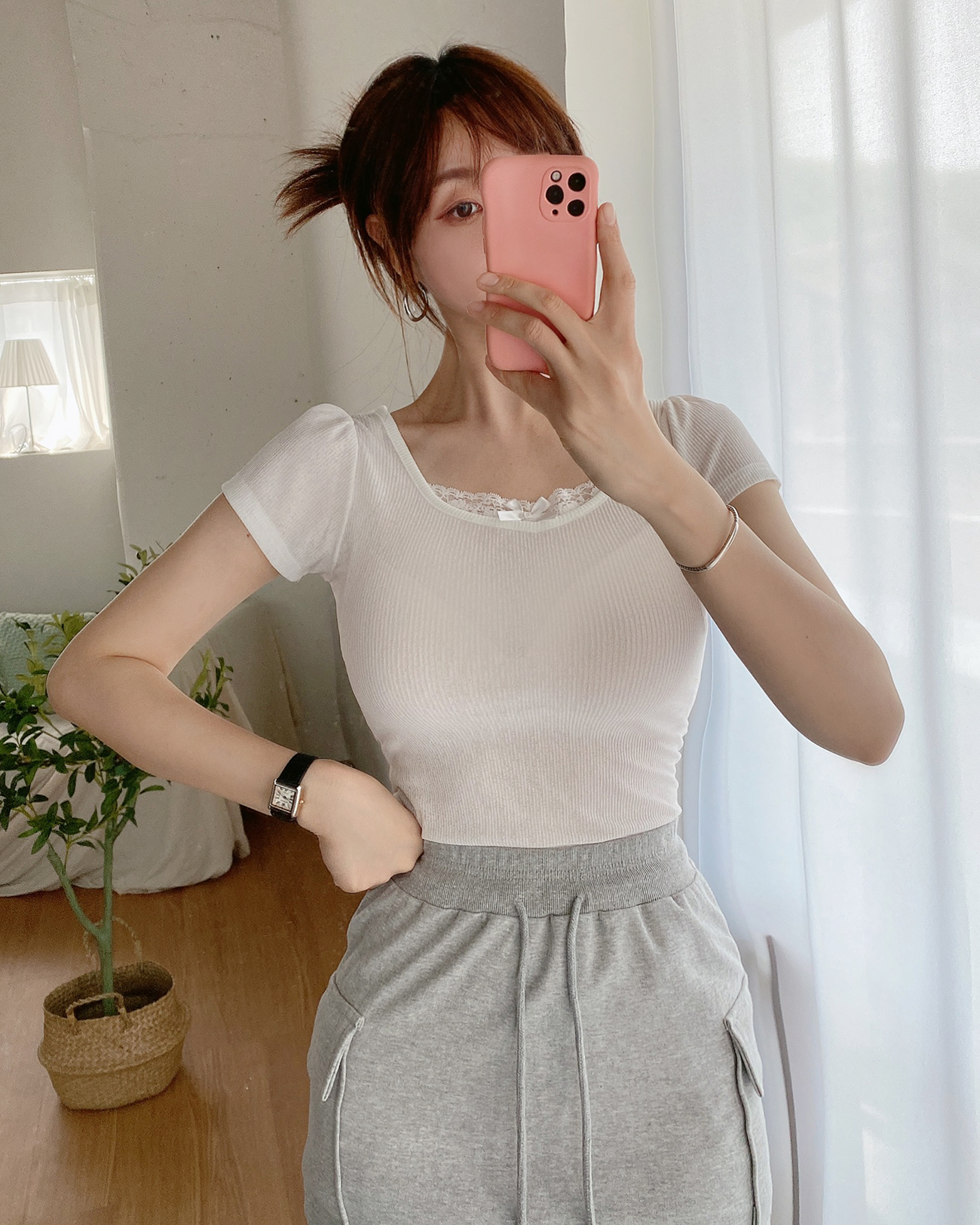 リボンレースUネックパフ半袖リブTシャツ | 詳細画像7