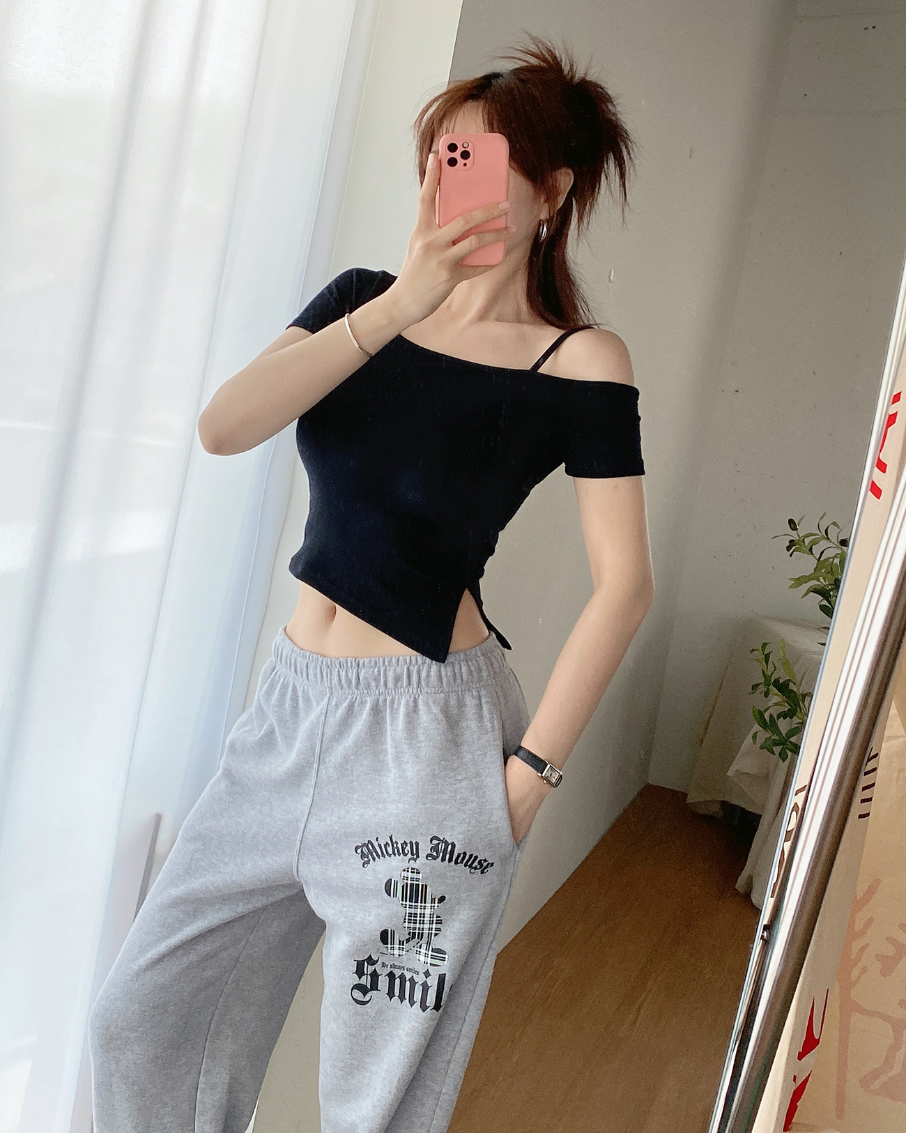 ワンショルスリット半袖クロップドTシャツ | 詳細画像8