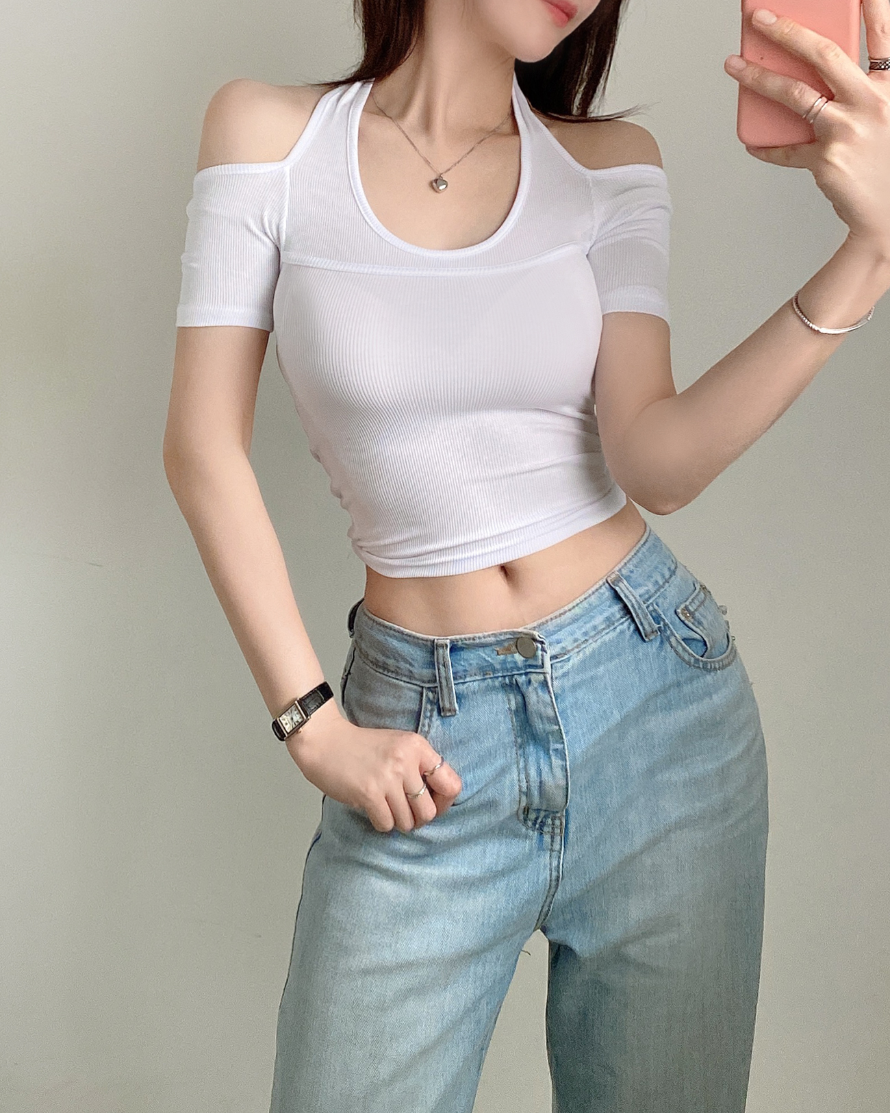 ラインオープンショルダーホルターネックリブTシャツ | 詳細画像3