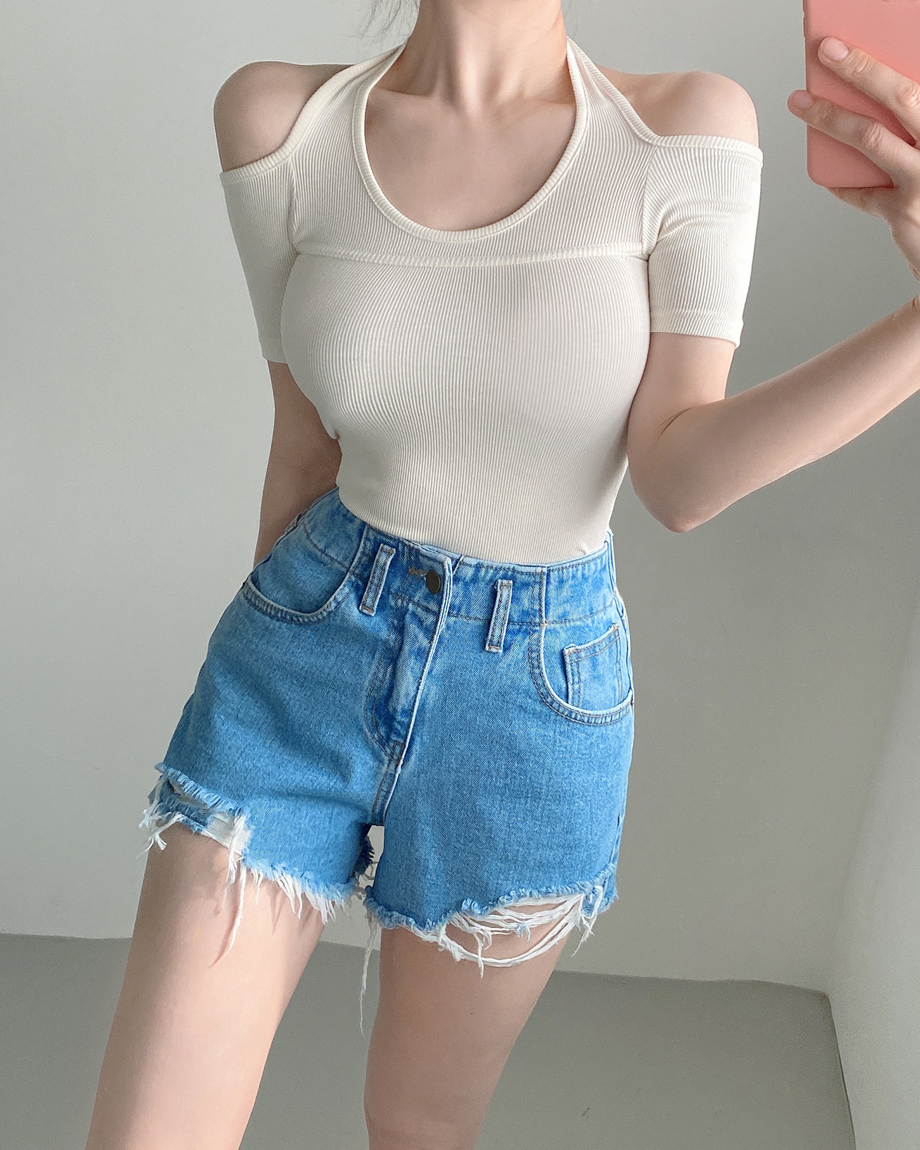 ラインオープンショルダーホルターネックリブTシャツ | 詳細画像8