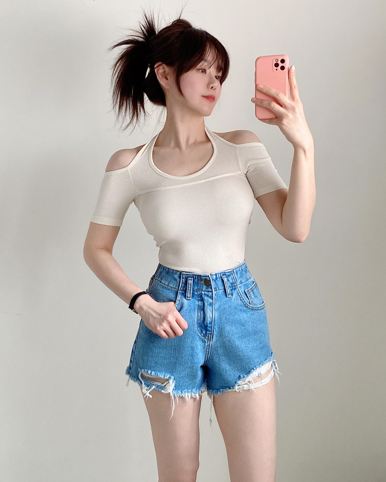 ラインオープンショルダーホルターネックリブTシャツ | 詳細画像9