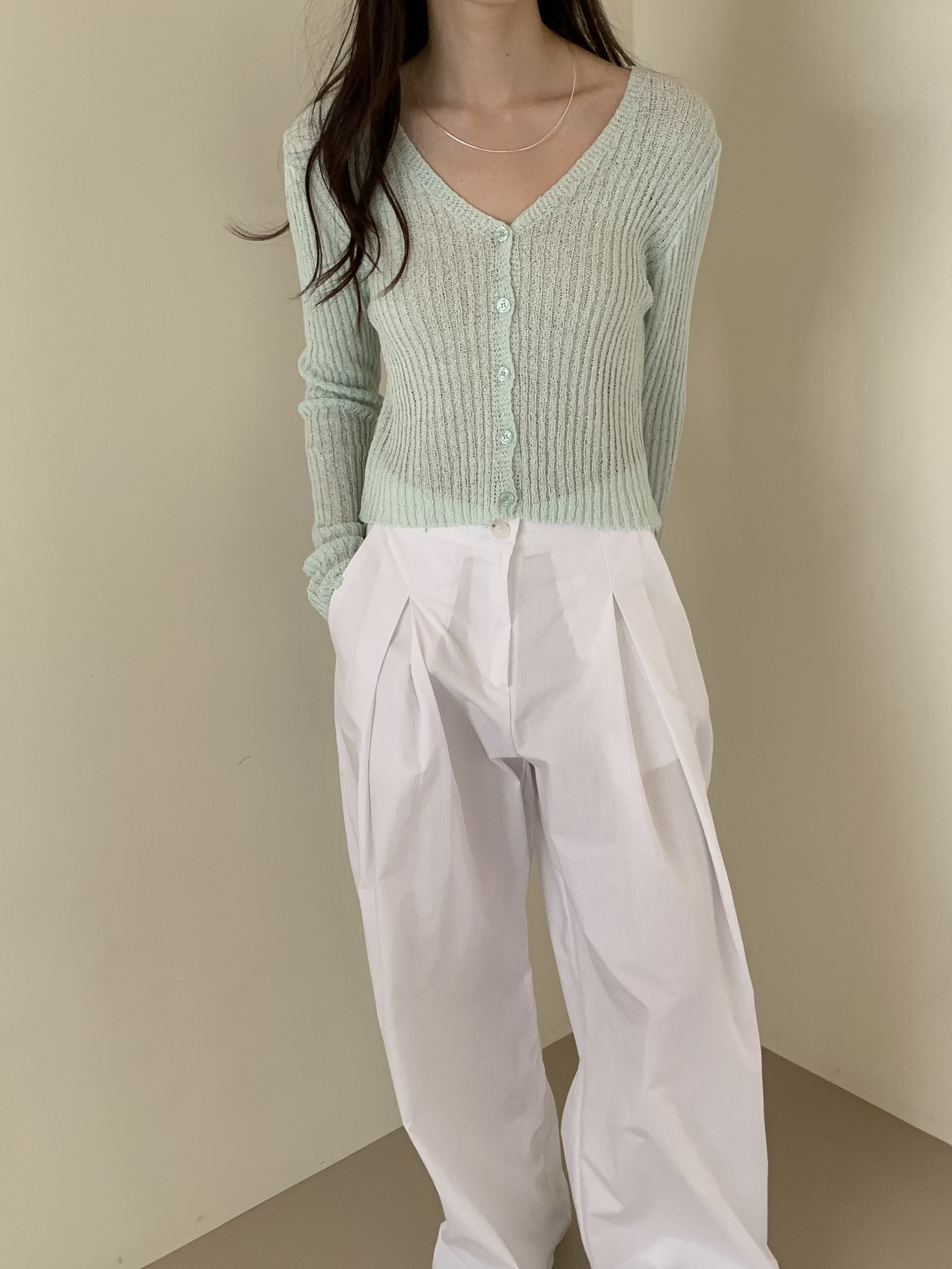Vネッククロップドシアーリブニットカーディガン | 詳細画像7