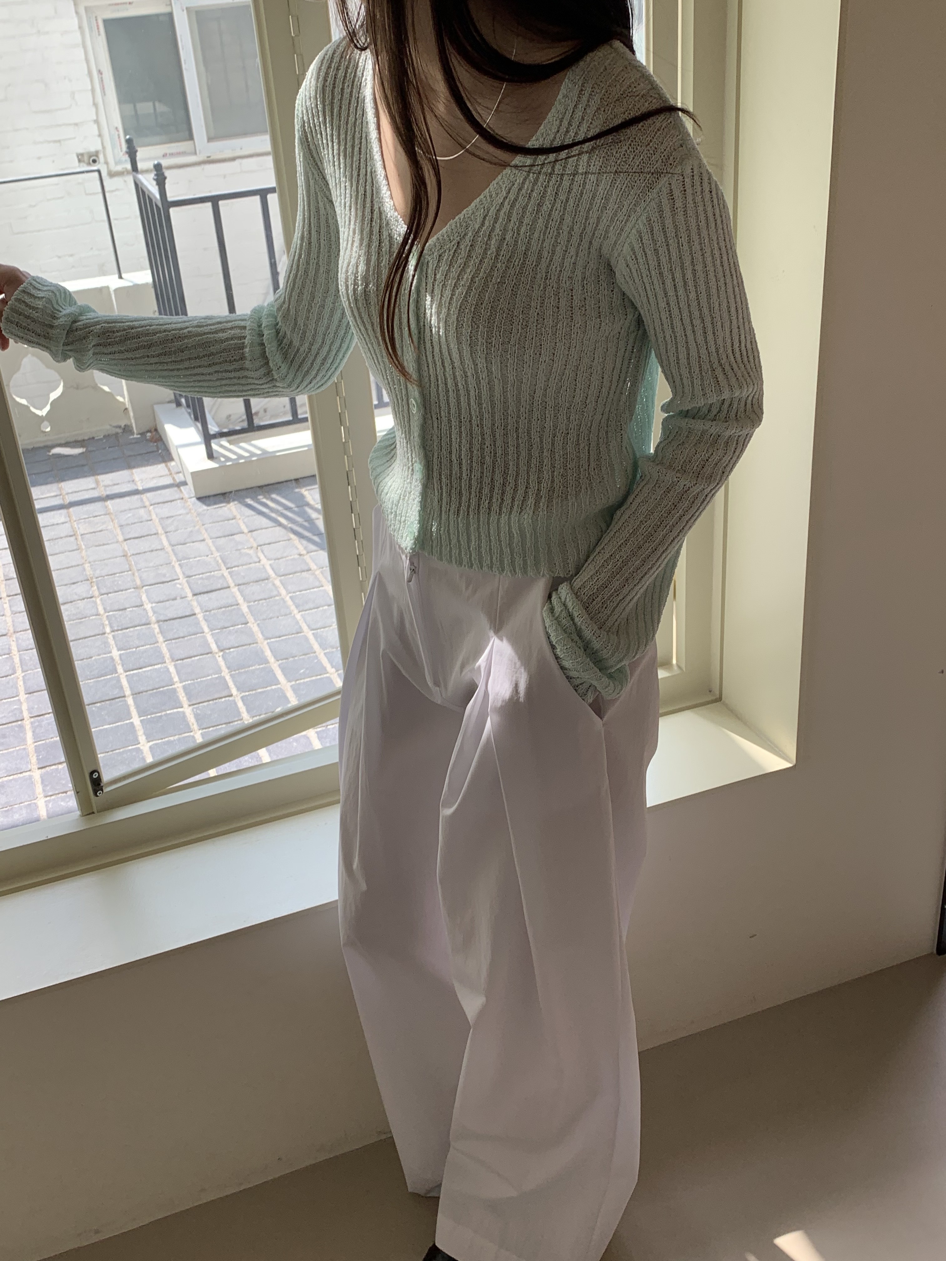 Vネッククロップドシアーリブニットカーディガン | 詳細画像12