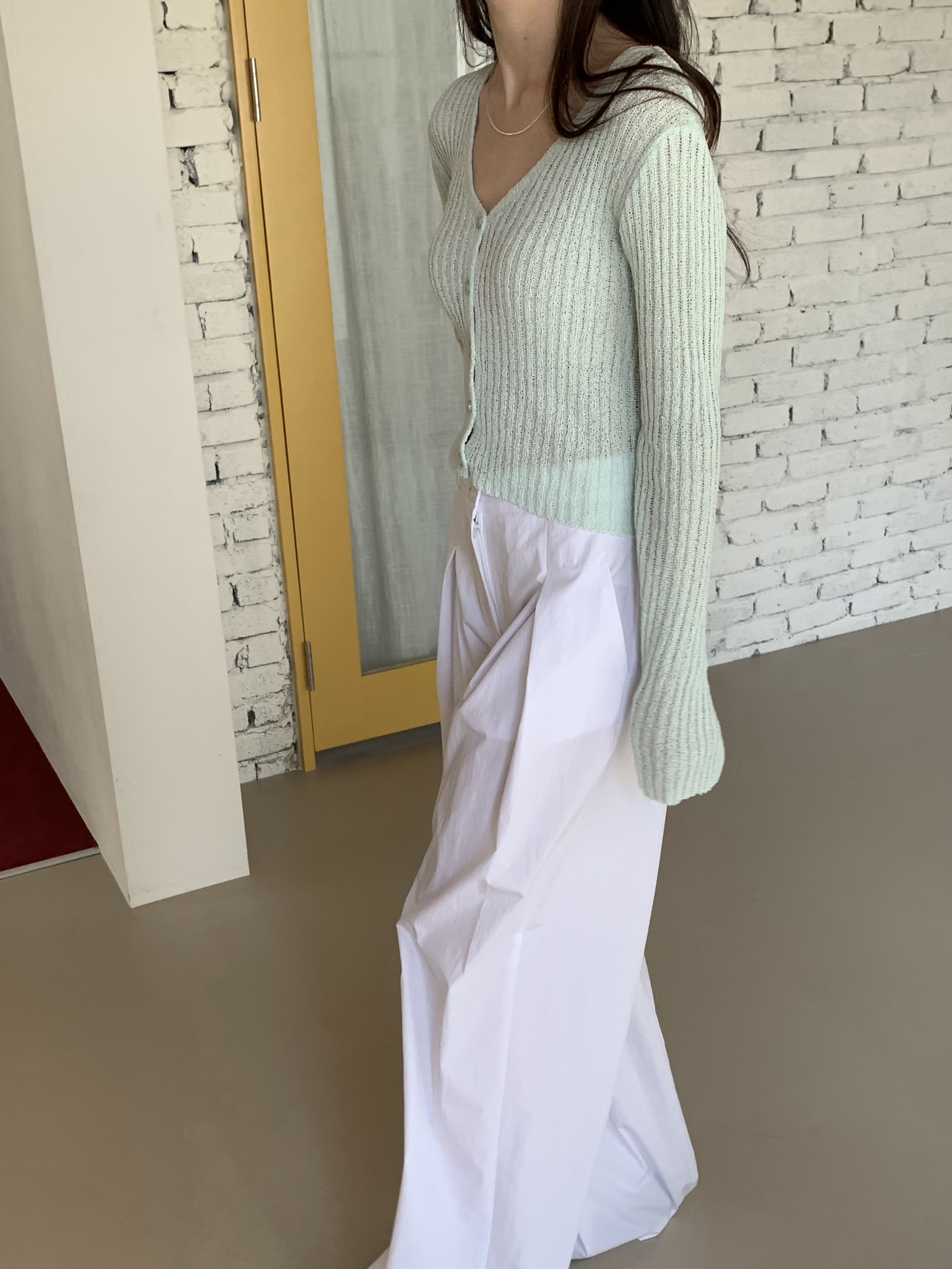 Vネッククロップドシアーリブニットカーディガン | 詳細画像9