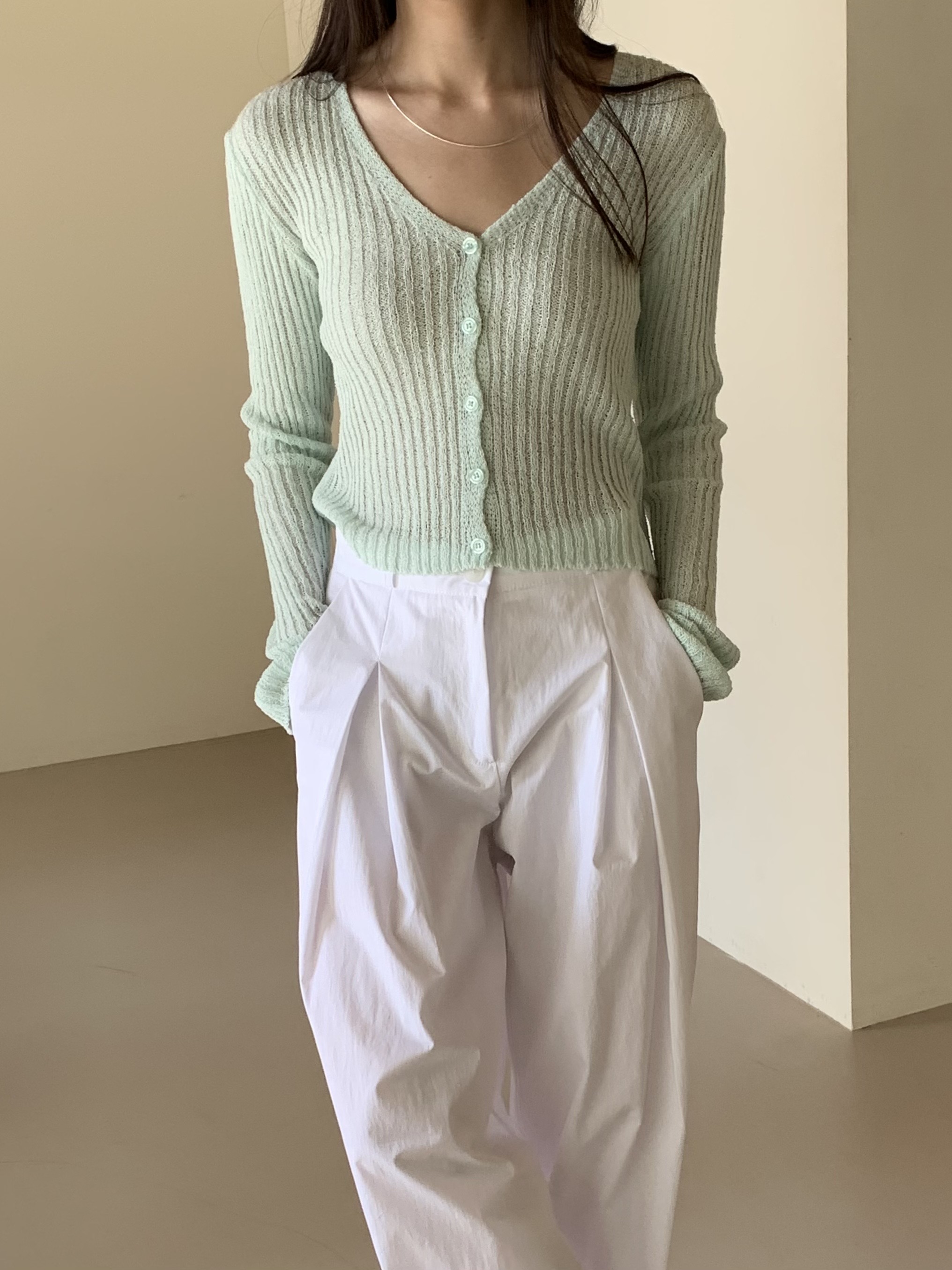 Vネッククロップドシアーリブニットカーディガン | 詳細画像5