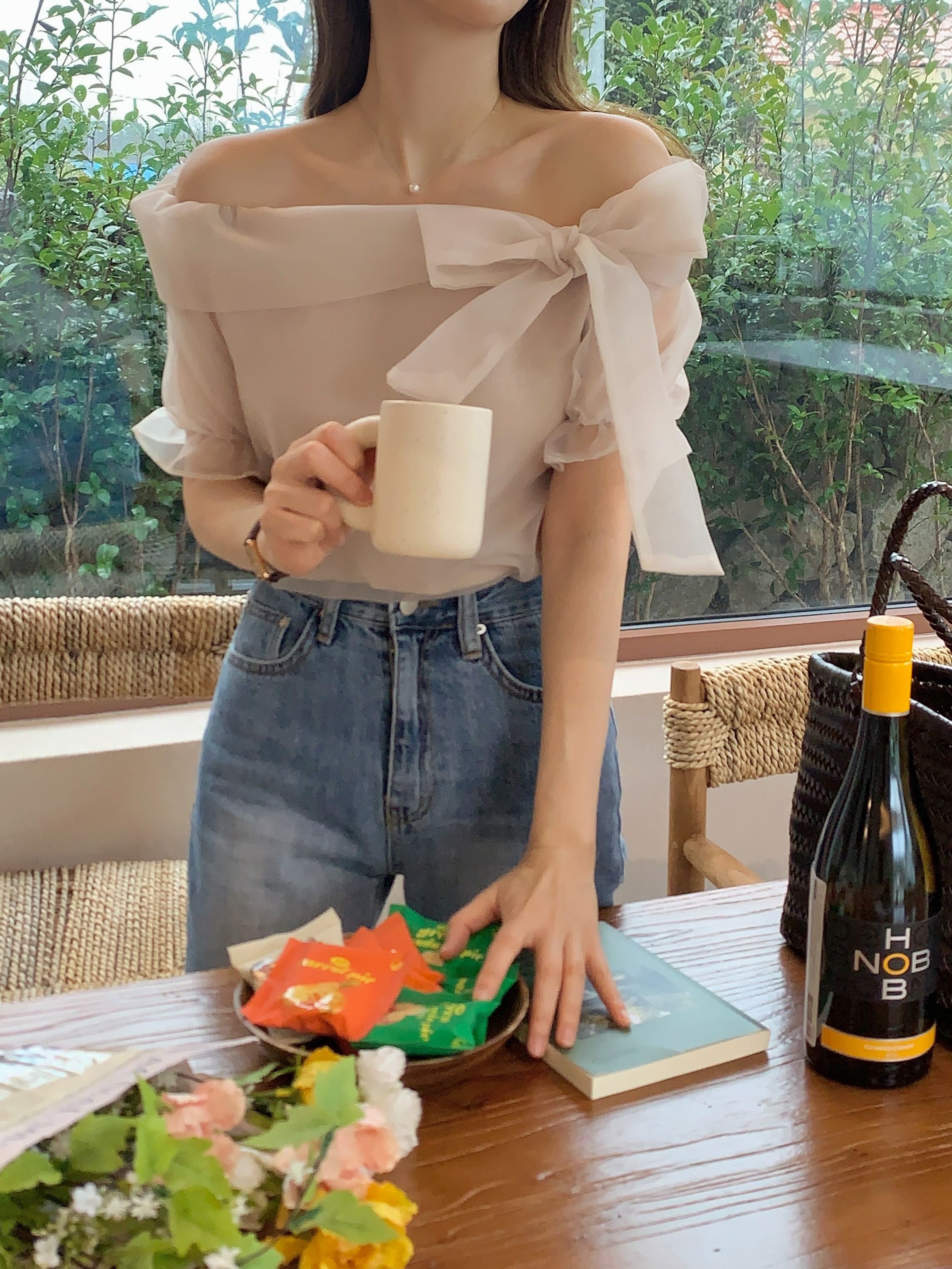 オーガンジーリボンオフショルパフ半袖ブラウス | 詳細画像19