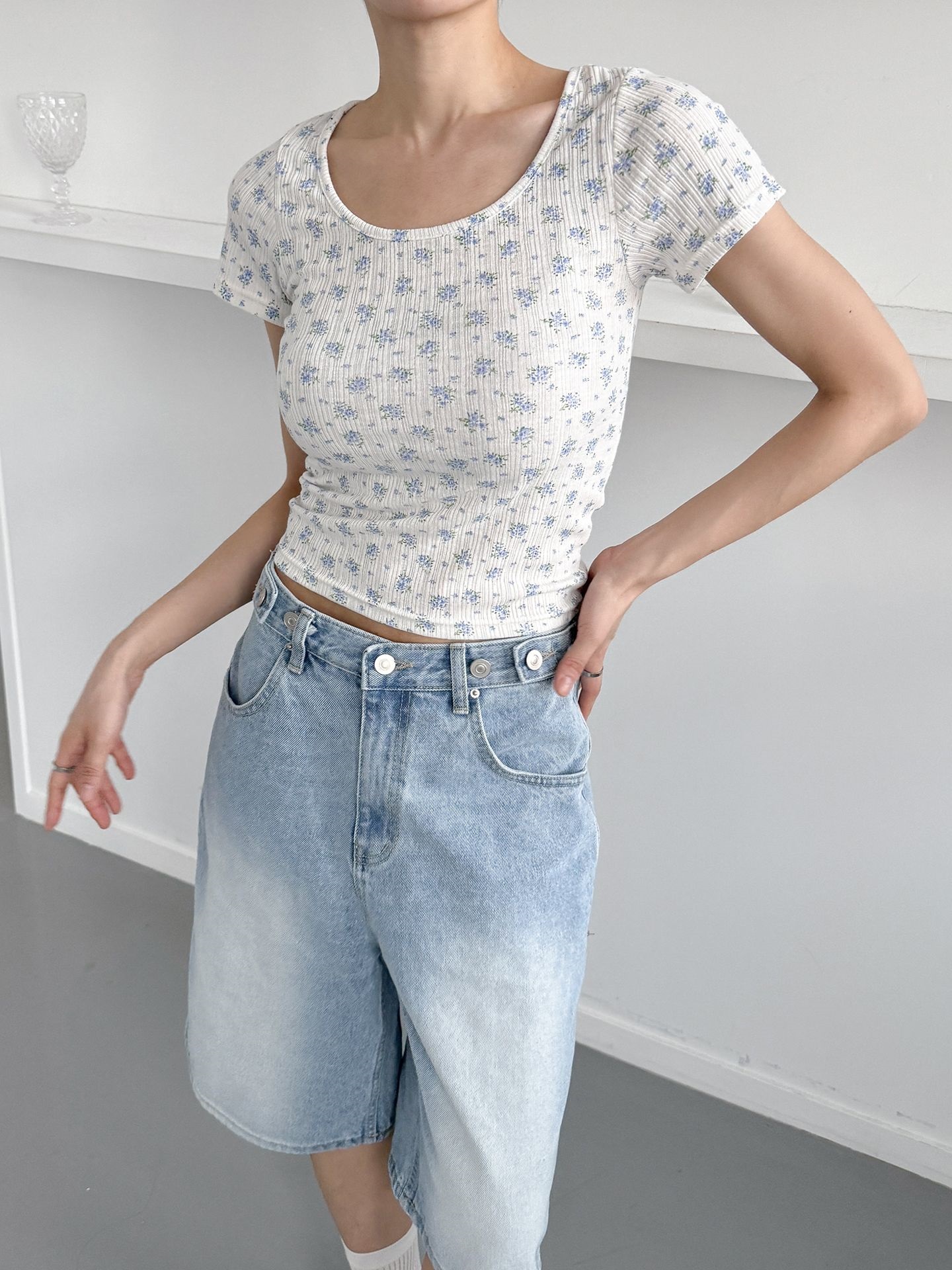 シアーパンチングUネック花柄半袖Tシャツ | 詳細画像6