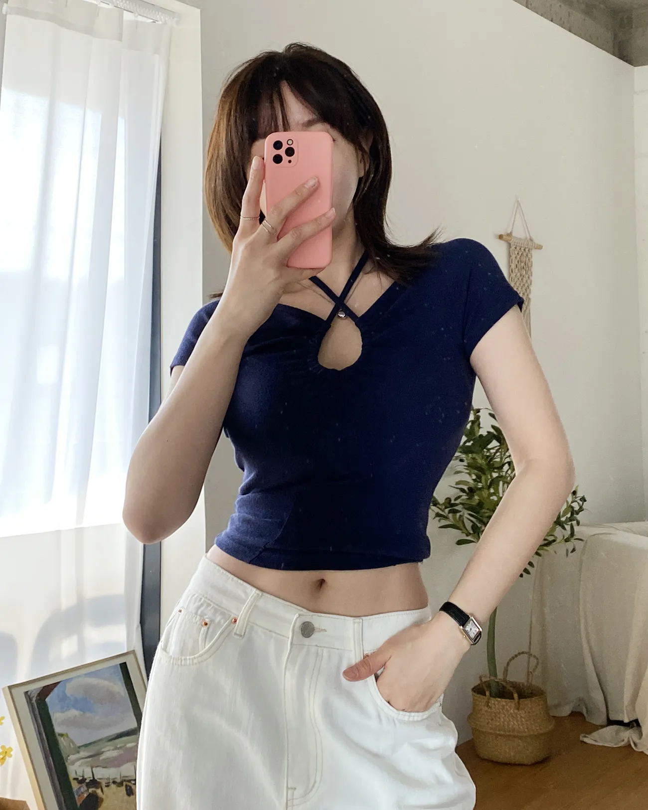 ドロストクロスホルター半袖クロップドTシャツ | 詳細画像1