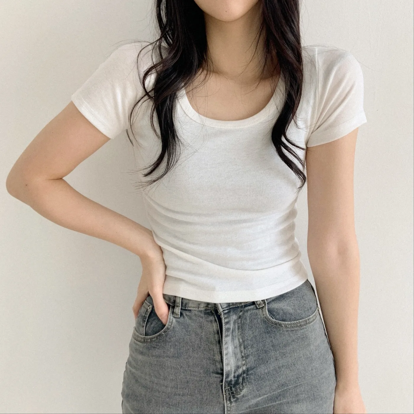 Uネッククロップドスリム半袖Tシャツ | 詳細画像1