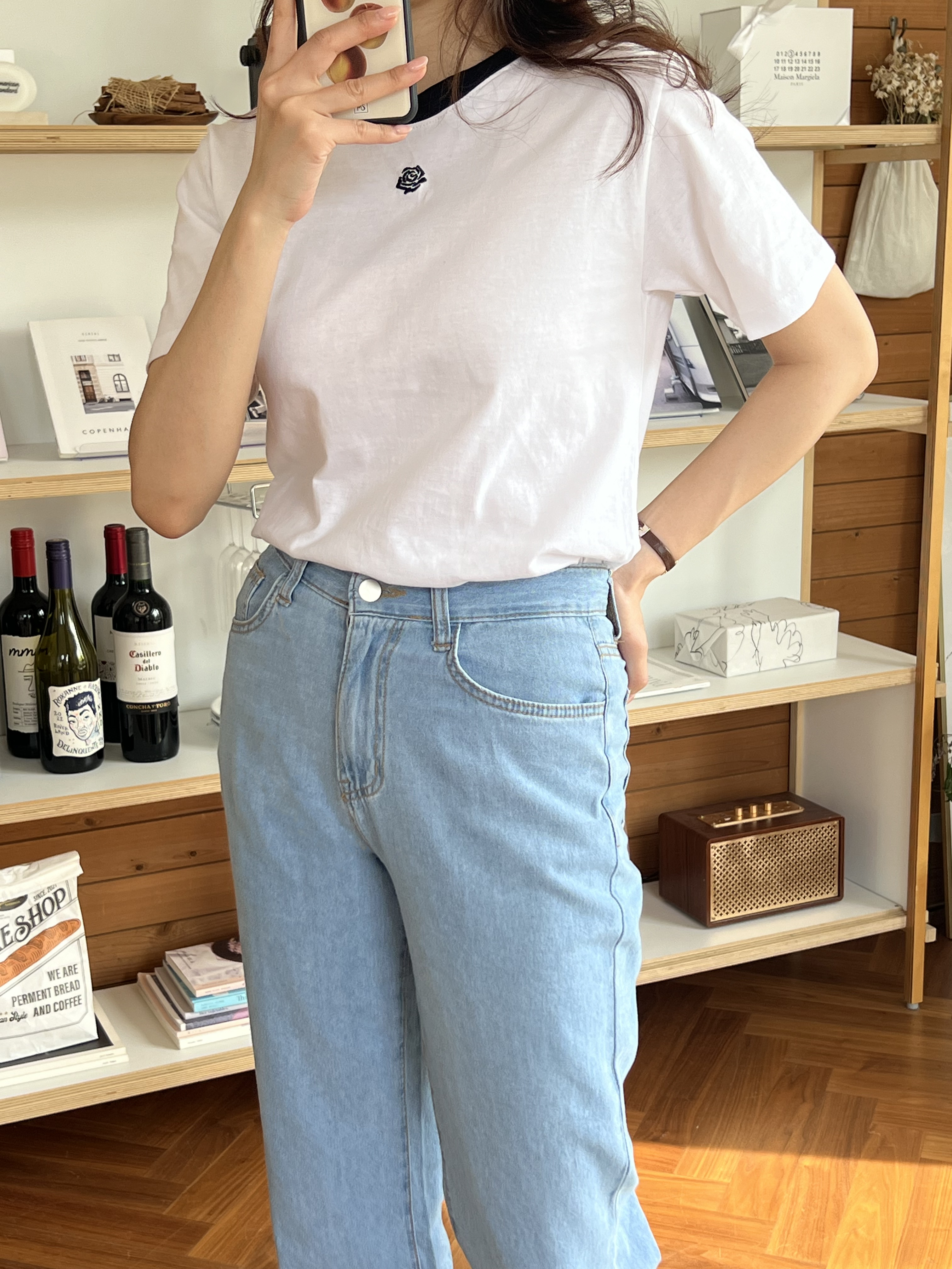 ローズ刺繍配色ラウンドネック半袖Tシャツ | 詳細画像5