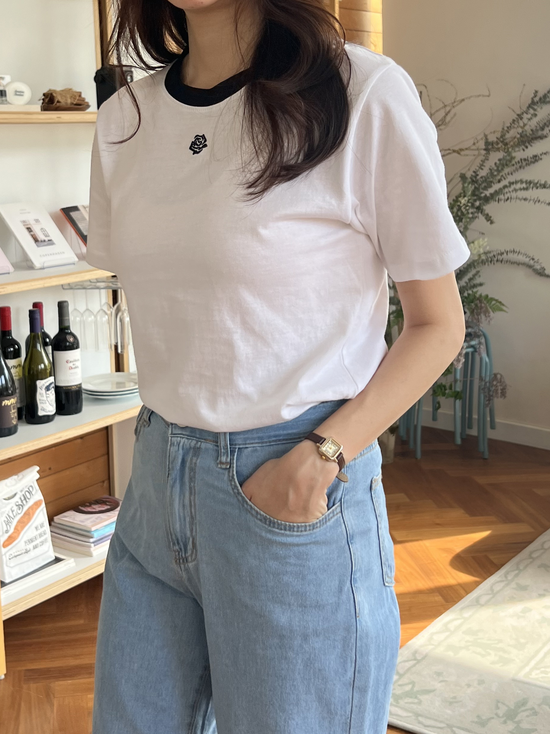 ローズ刺繍配色ラウンドネック半袖Tシャツ | 詳細画像7