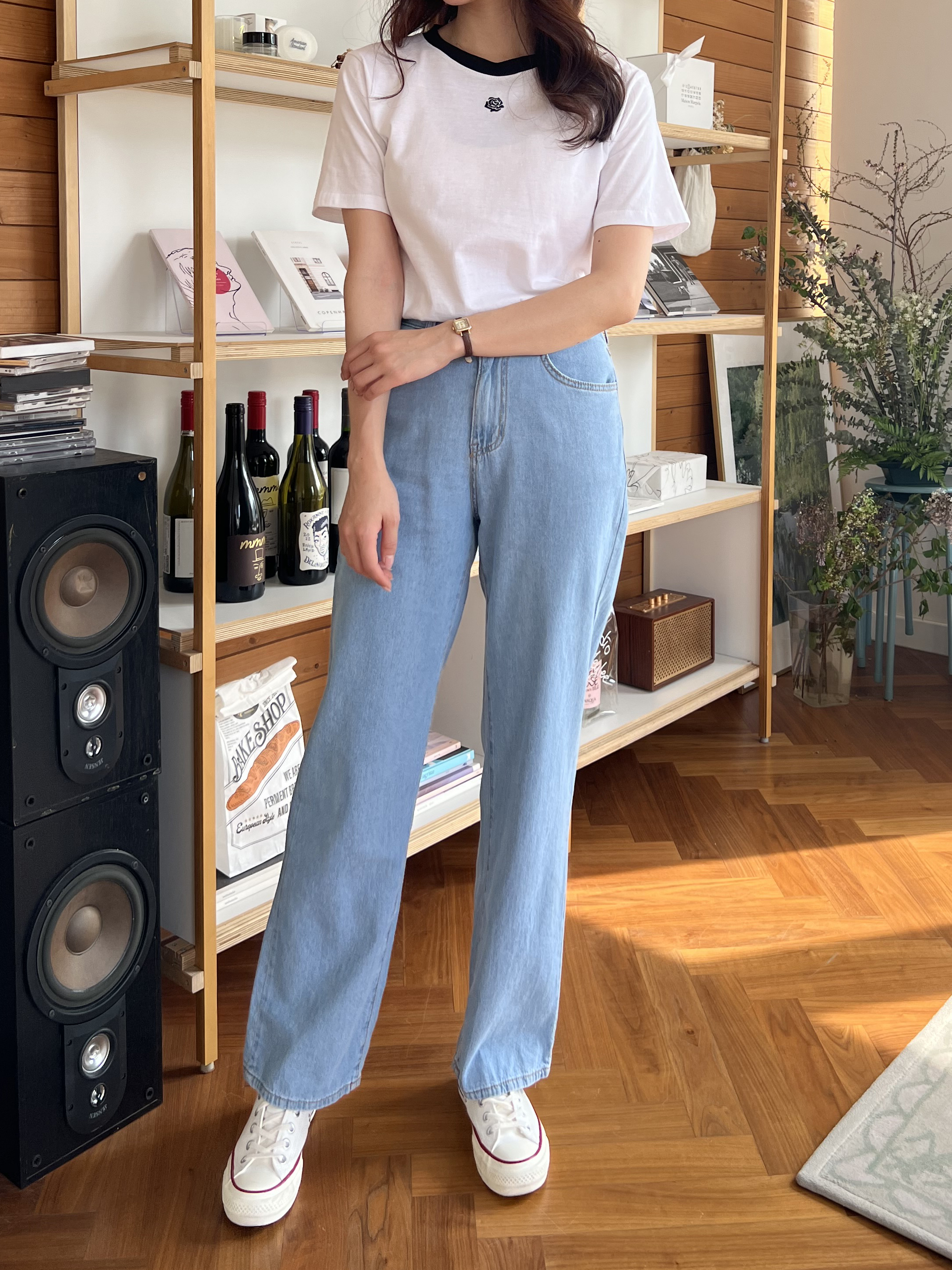 ローズ刺繍配色ラウンドネック半袖Tシャツ | 詳細画像8
