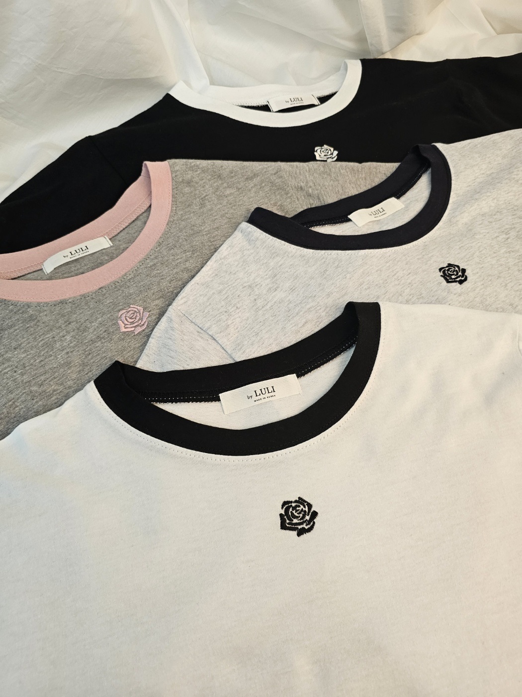 ローズ刺繍配色ラウンドネック半袖Tシャツ | 詳細画像12