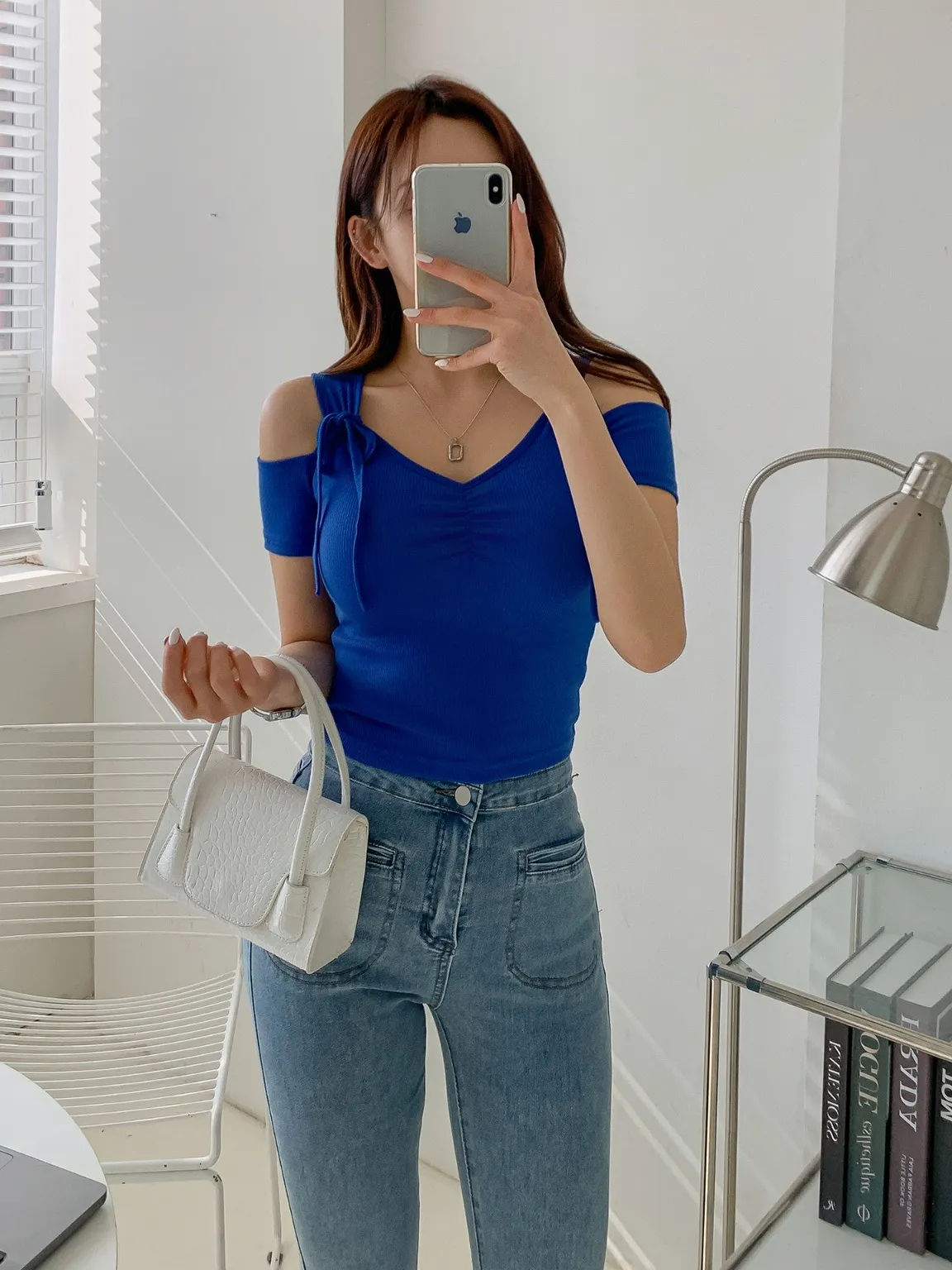 リボンオープンショルダー半袖リブTシャツ | 詳細画像1