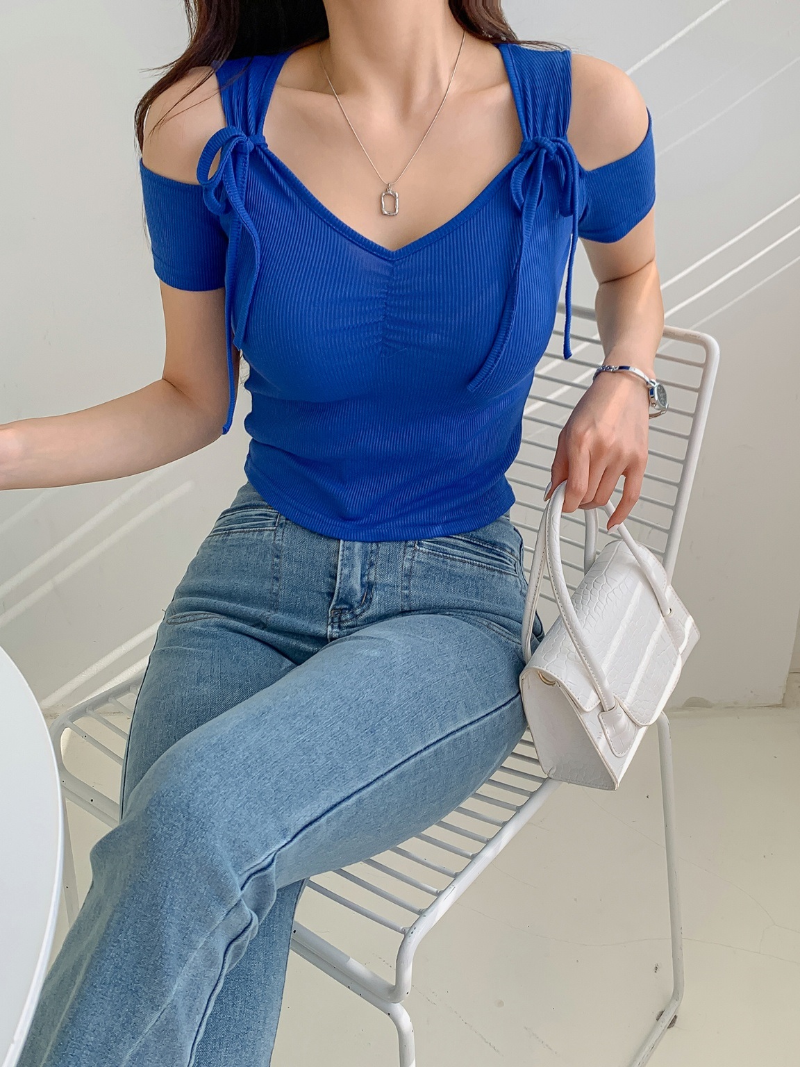 リボンオープンショルダー半袖リブTシャツ | 詳細画像4