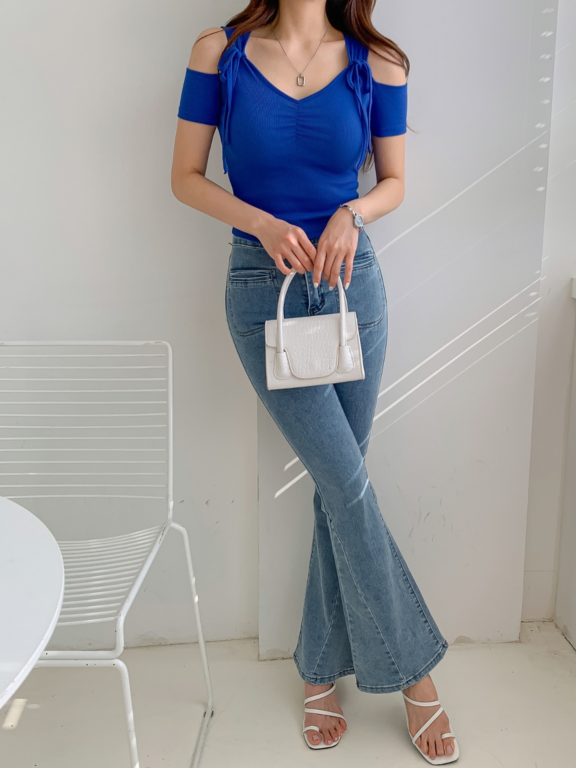 リボンオープンショルダー半袖リブTシャツ | 詳細画像3