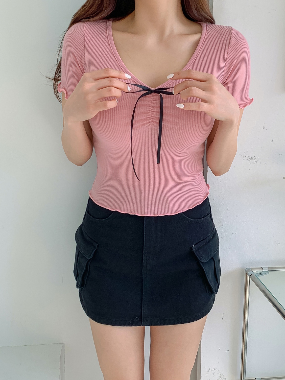 配色リボンシャーリングメロウ半袖Tシャツ | 詳細画像3