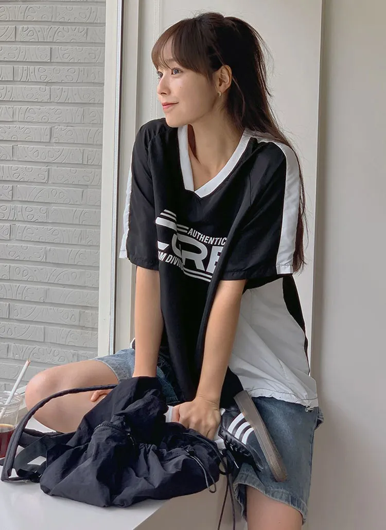 配色Vネックスポーティー半袖Tシャツ | hotping | 詳細画像1