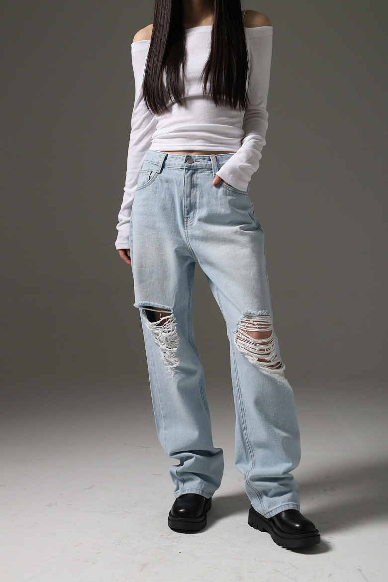 ダメージワイドライトブルーデニムパンツ | レディースファッション