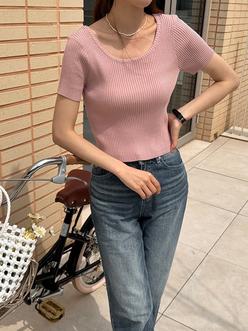 Uネッククロップドリブ半袖ニット | 詳細画像9