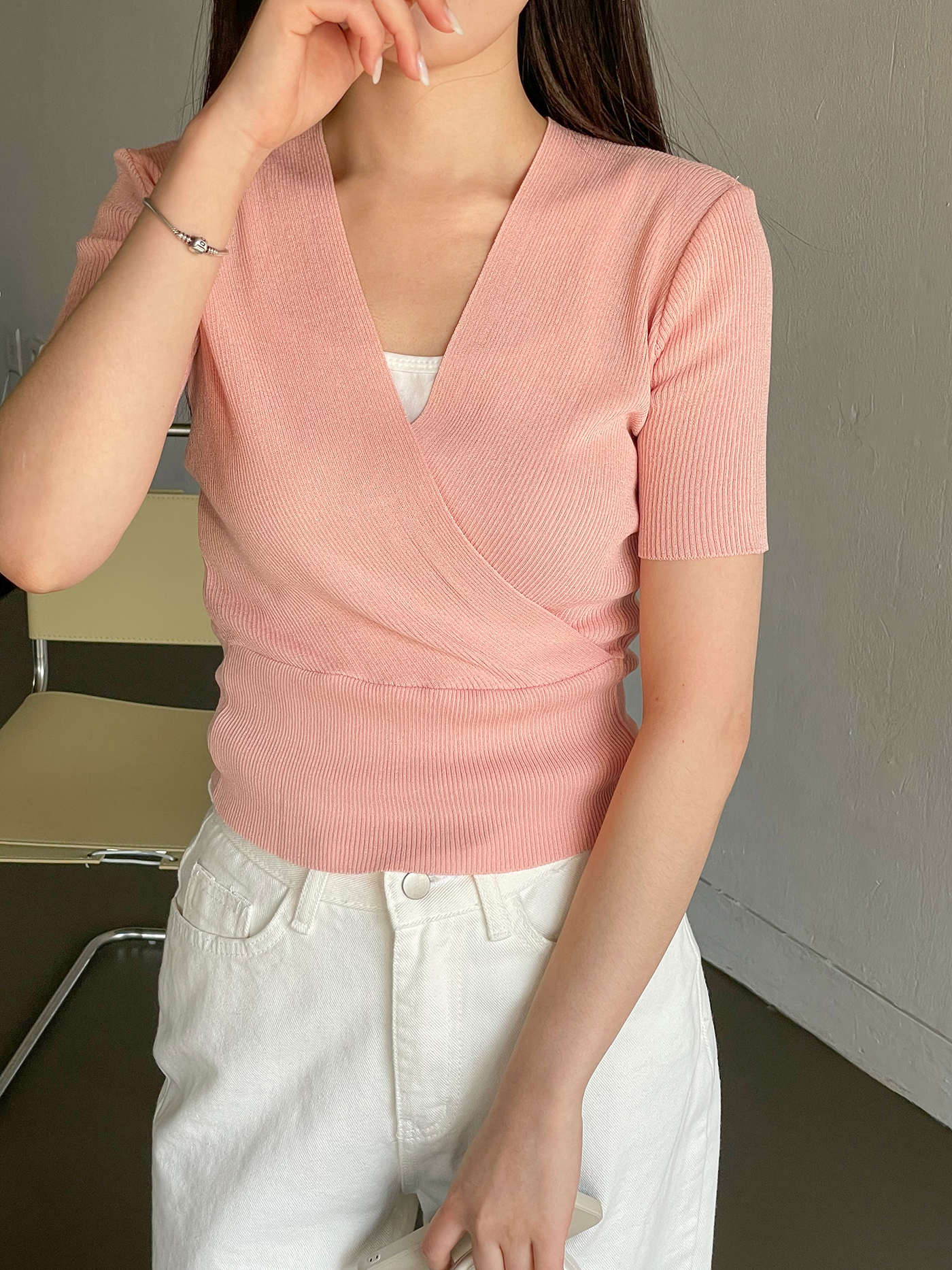 カシュクールVネック半袖リブニット | 詳細画像6