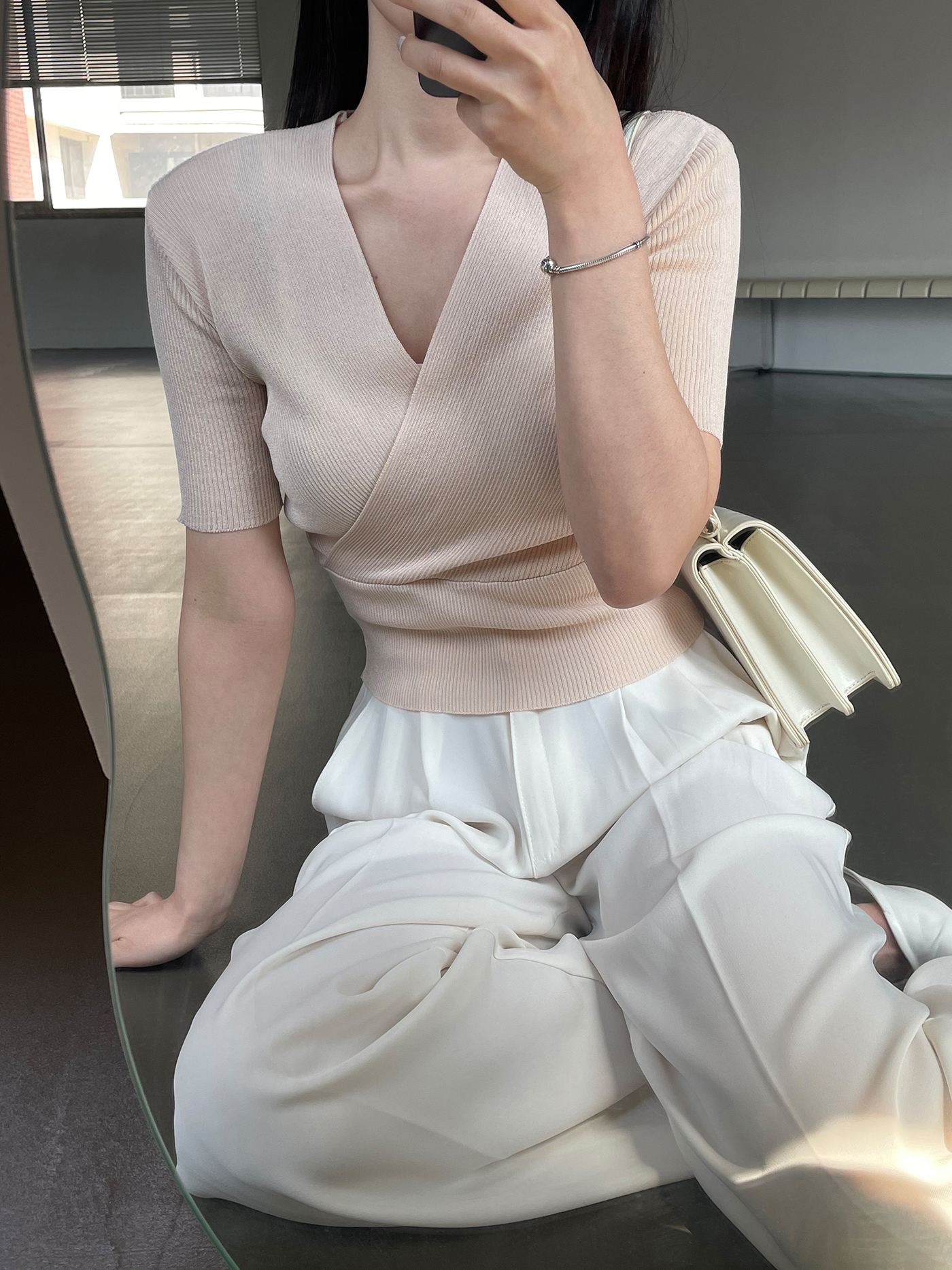 カシュクールVネック半袖リブニット | 詳細画像5