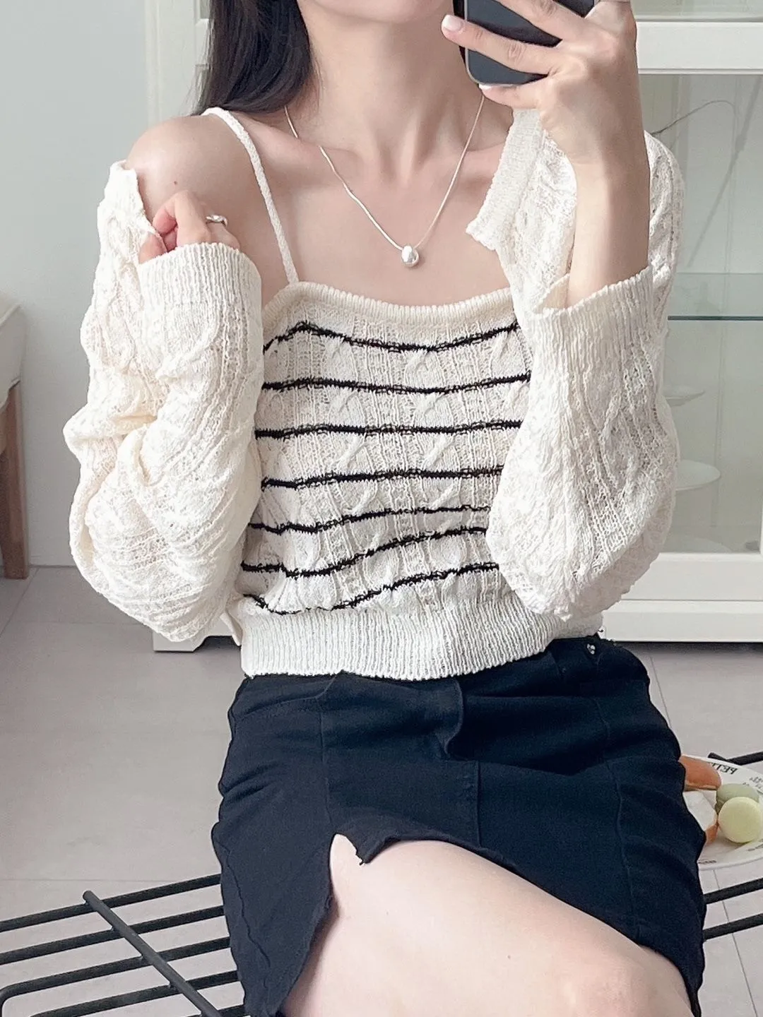 シアーボーダーニットキャミ&ボレロカーディガンSET | 詳細画像1