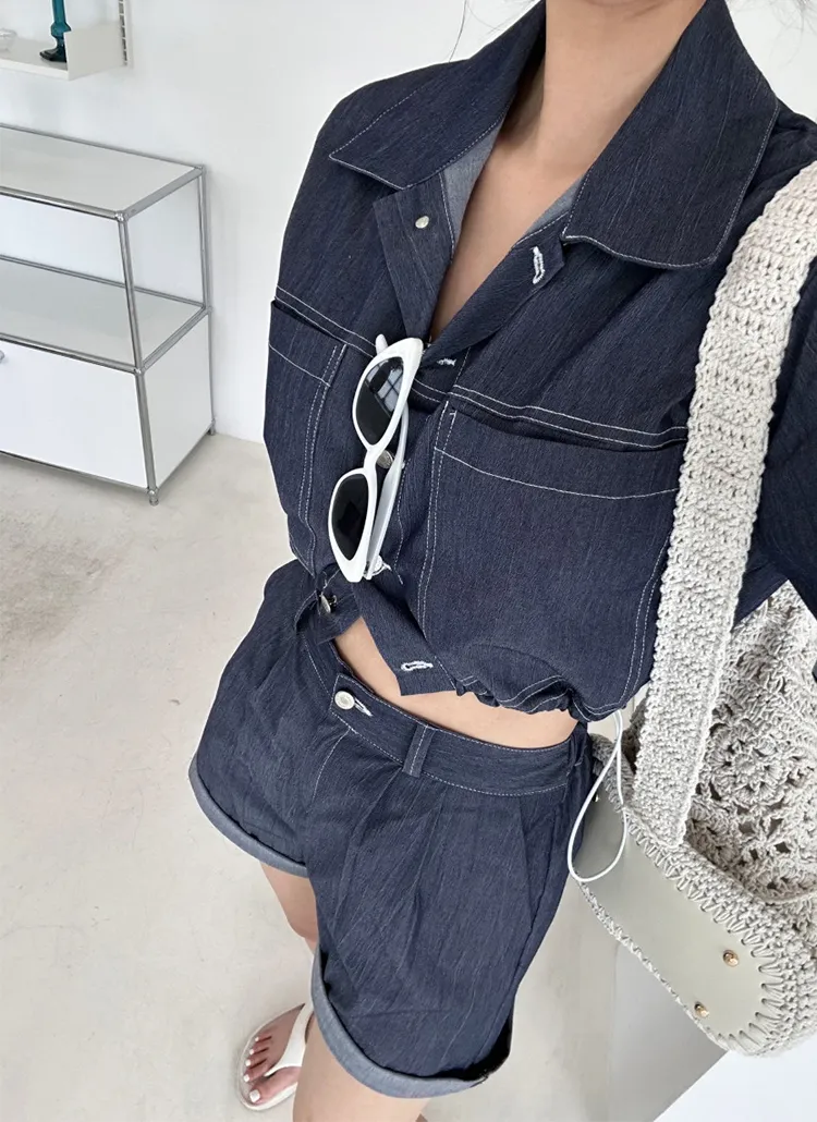 ドローコード半袖ロールアップデニムシャツ&タックショートパンツSET | yefit | 詳細画像1