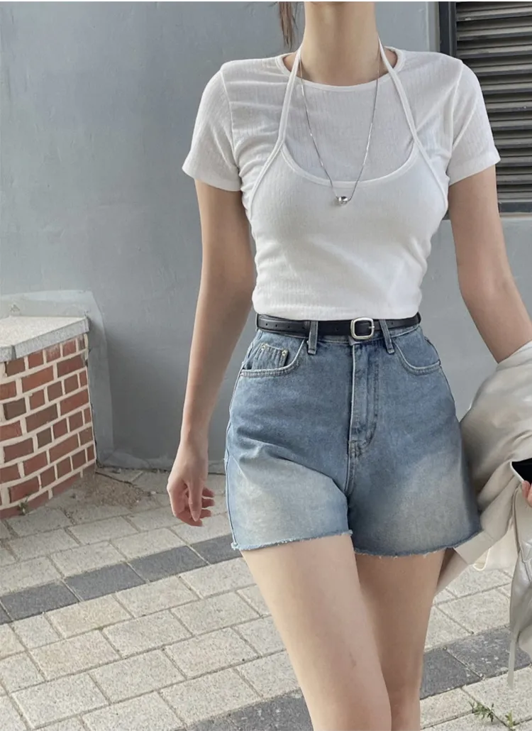 リネン混リブホルタービスチェ&半袖TシャツSET | yefit | 詳細画像1