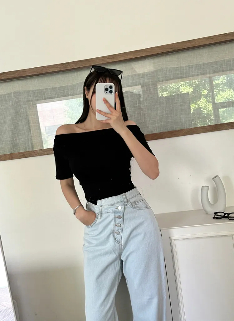 ボートネックドレープギャザー半袖Tシャツ | yefit | 詳細画像1