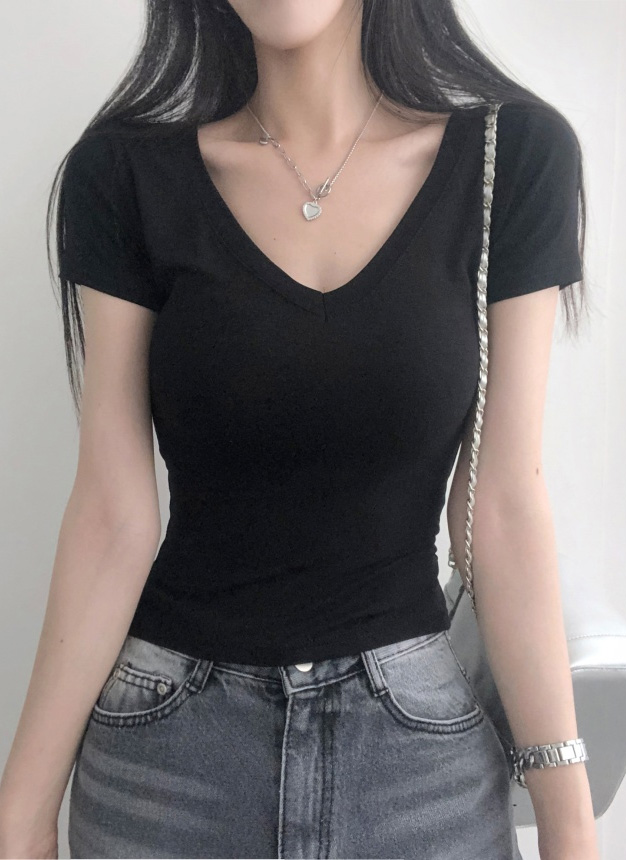 ディープVネックスリム半袖Tシャツ | レディースファッション通販 - DHOLIC