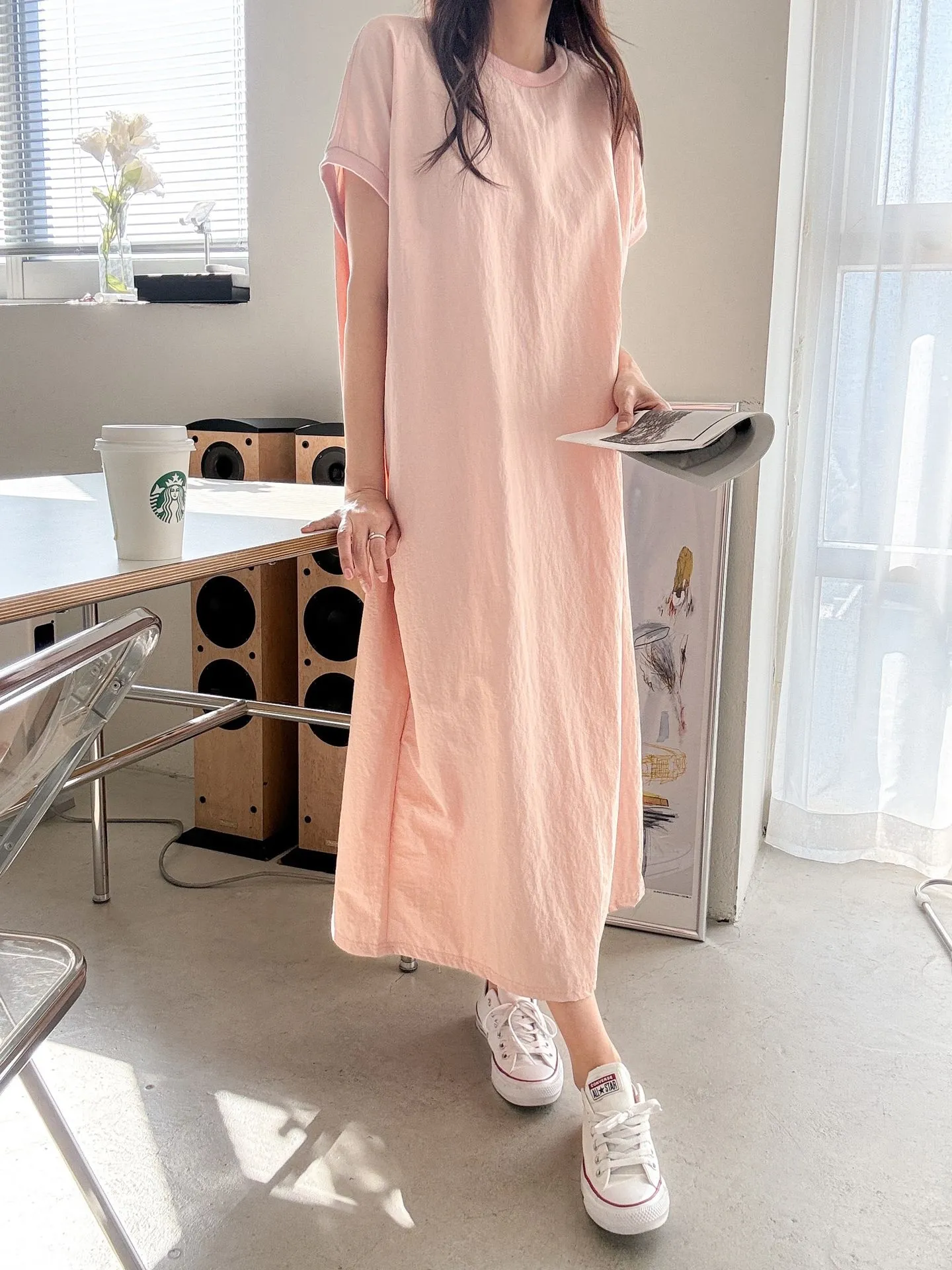 リブヘムナイロンフレンチスリーブワンピース | 詳細画像1