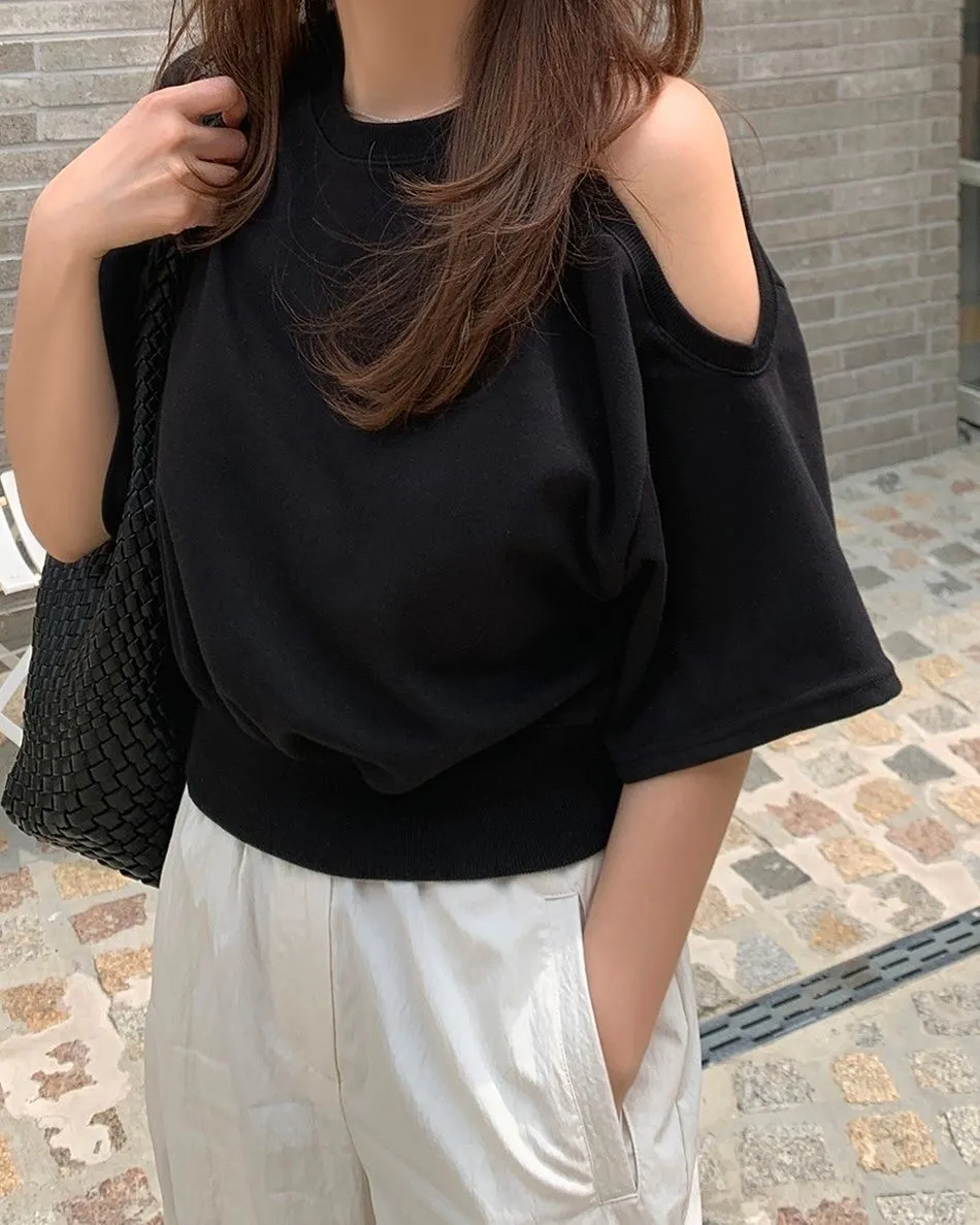 アシメオープンショルダークロップド半袖スウェット | 詳細画像1