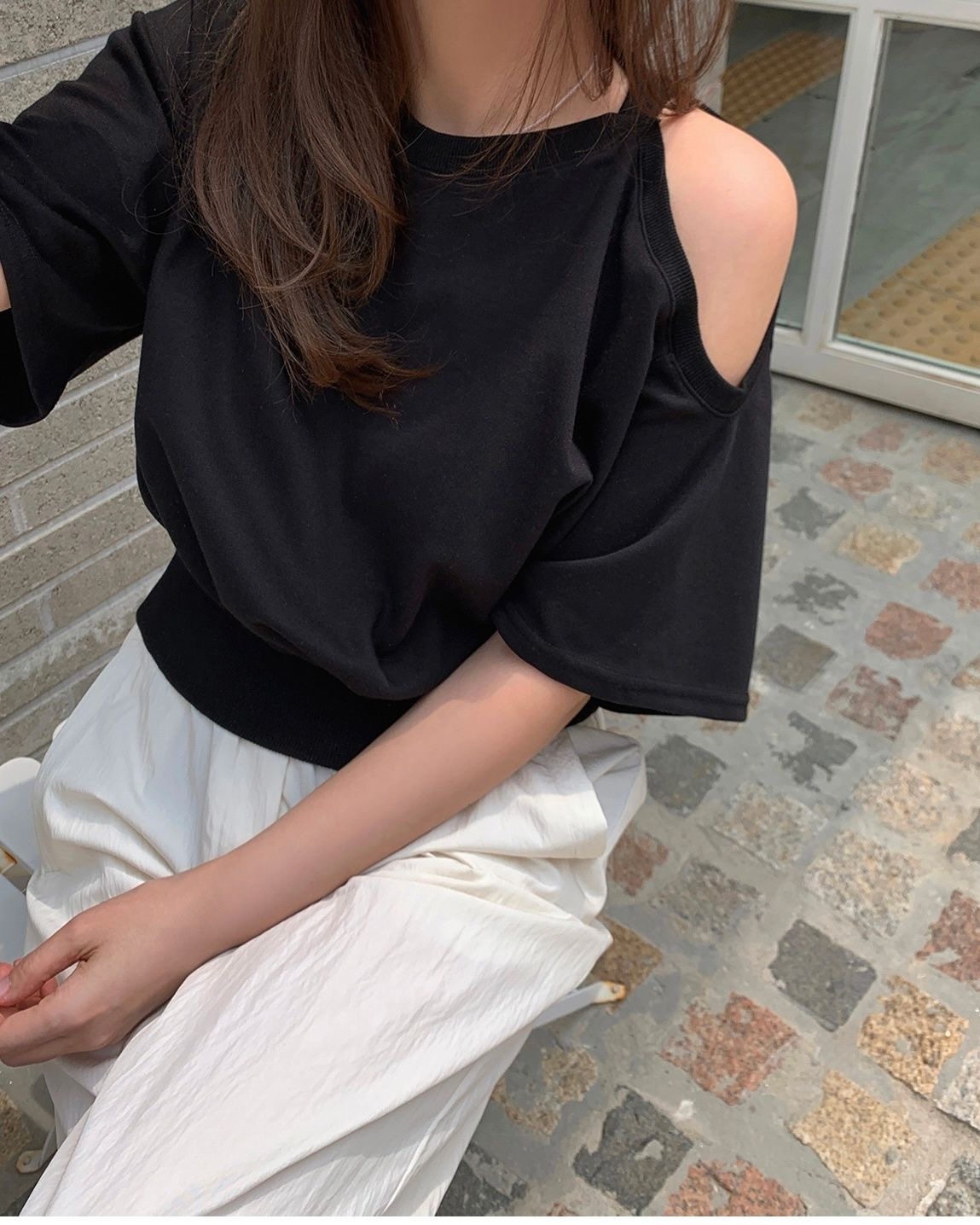 アシメオープンショルダークロップド半袖スウェット | 詳細画像5