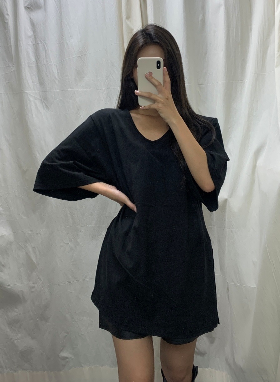 肩パッドVネックスリットボクシー半袖Tシャツ | 詳細画像4