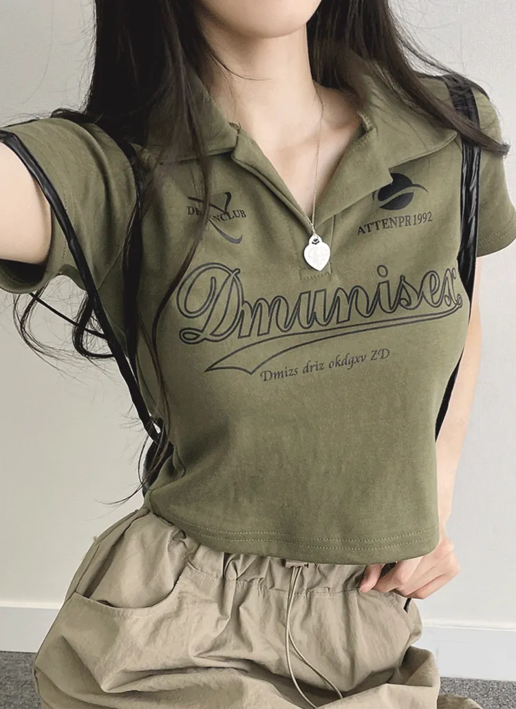 スキッパークロップド英字トラック半袖Tシャツ | withhuilin | 詳細画像1