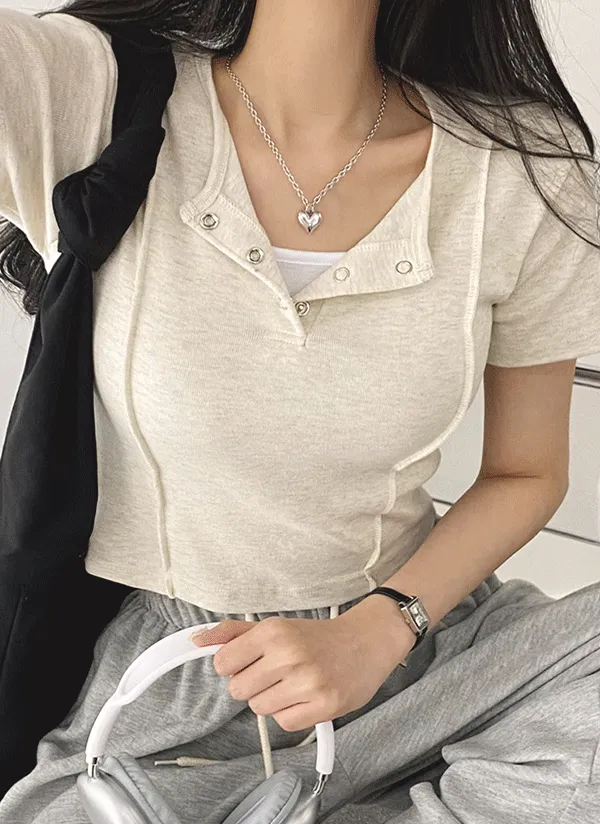 ヘンリーラインクロップド半袖Tシャツ | withhuilin | 詳細画像1