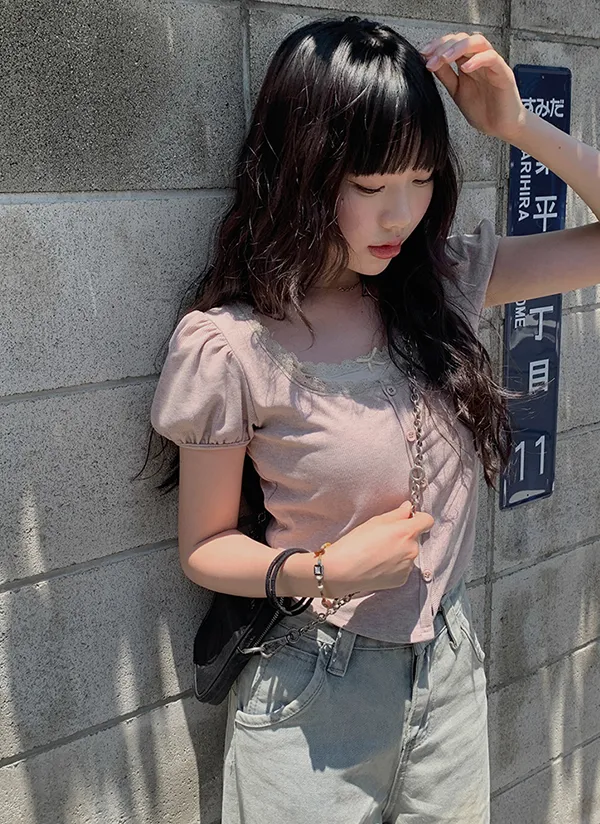 レーススクエアネックパフ半袖Tシャツ | anyonemore | 詳細画像1
