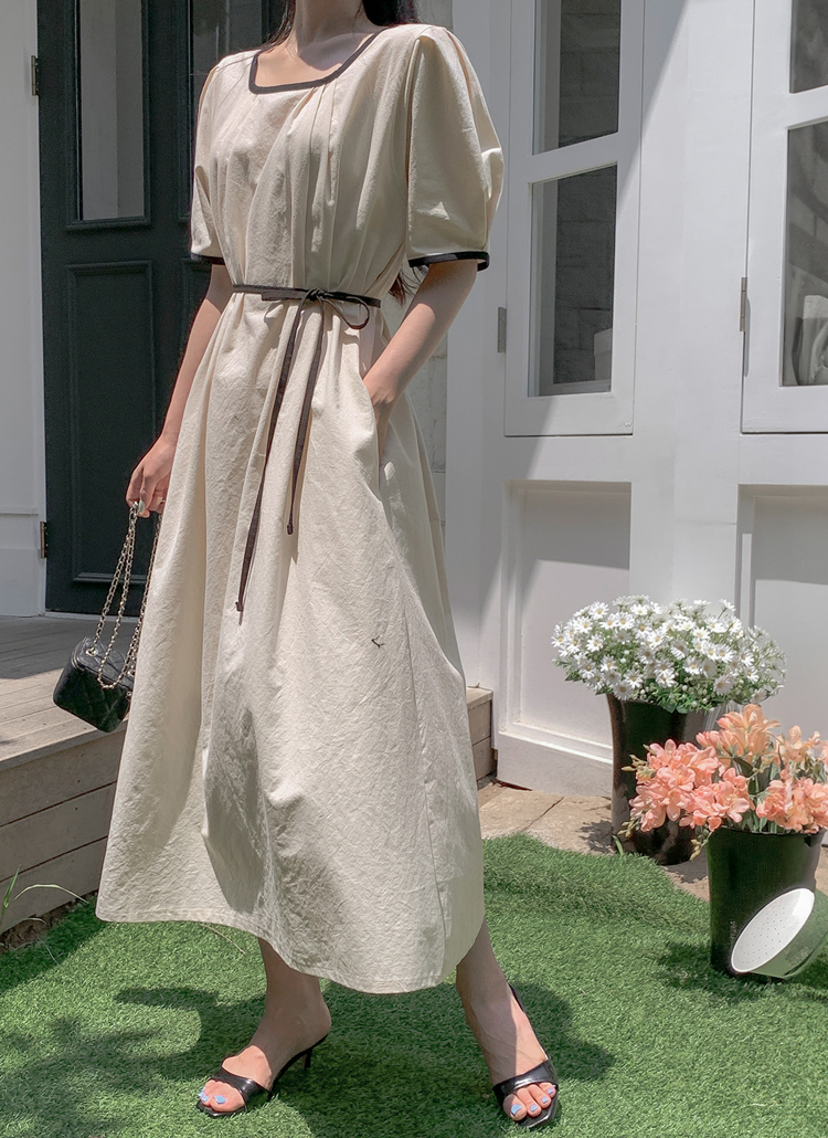 タグあり 極美品 BEATING HERAT リネン ワンピース ロング 洗える タックスクエアネック配色ロングワンピース | レディースファッション