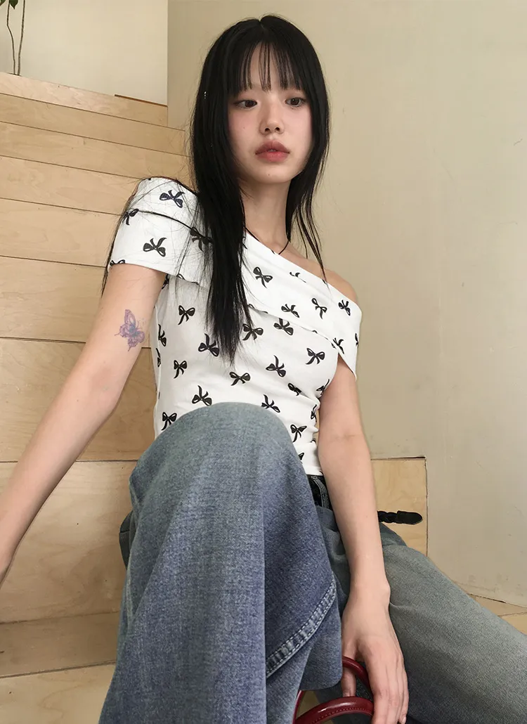 リボンパターンオフショルTシャツ | WONDERWONDER | 詳細画像1